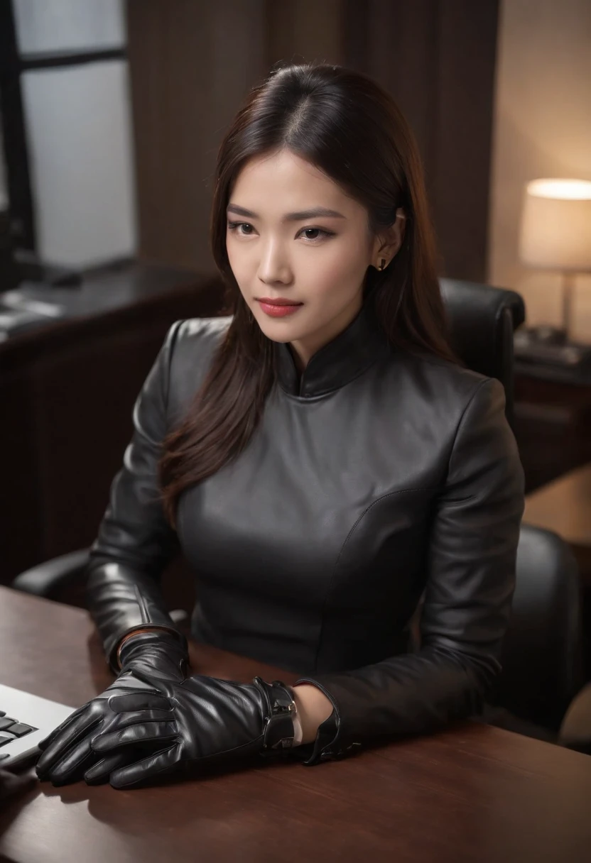 Wearing black leather gloves on both hands, Upper body, Black business suit, Facing the desk in my room with a computer in the dark, Tapping the keys on the computer keyboard with the fingertips of black leather gloves while looking at the screen, Black hair was tied back for a long time, Japan female new employees (Black leather gloves cover both hands) (The angle is in front)