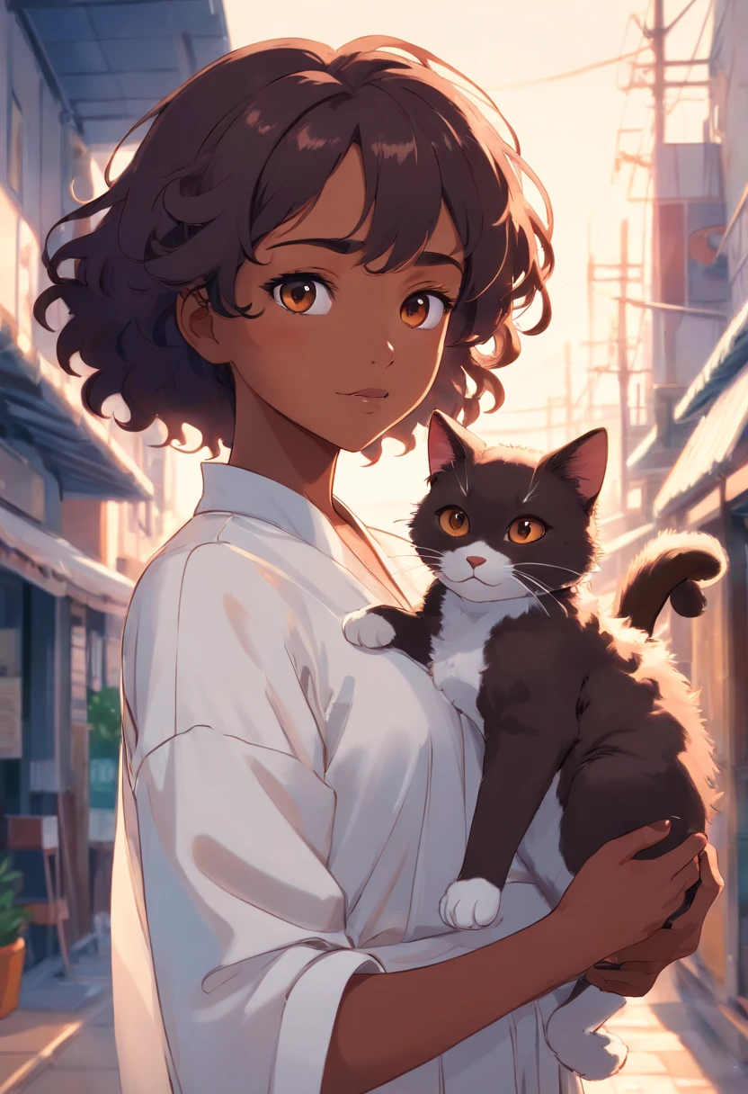 A young black-skinned woman with curly hair with brown eyes in a white outfit holding a cat in her arms