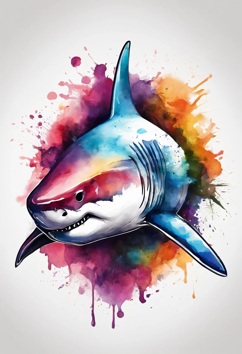 Logotipo colorido, Minimalist Shark Head Vector Art Logo Illustration, frontal, magica, Sharp design, Suave, Color monocromo, Dark magica Colorful Splash Painting, Tee-Shirt Design, Al estilo de Studio Ghibli, Design must be vector art, Introduction to the shark. Uso de Adobe Illustrator、Creates a sharp, Logotipo de aspecto sencillo, Pero fascinante. Keep the design focused on the shark's eye, Captura su singularidad y encanto. The logo should evoke a sense of sophistication and tranquility. Emphasis on low-poly style、Add a touch of luxury. The overall aesthetic should be elegant and elegant, Hazlo relevante para los objetivos de tu marca y logotipo, fondos negros, ((Simémetro))　It's a bottomless shark