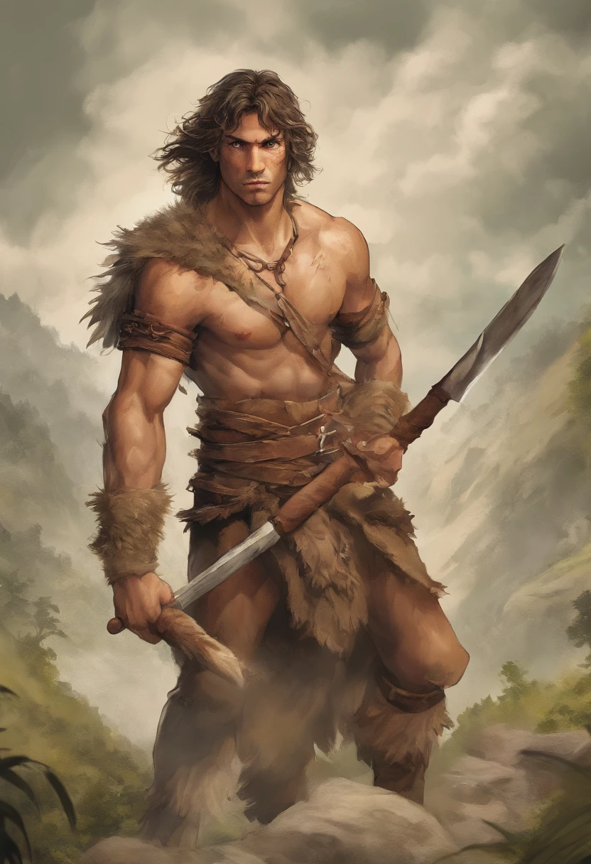 (Best quality, high resolucion, Realstic:1.37), un adolescent de 16 ans (homme) of the Stone Age, peau mate claire, long, frizzy hair, entrain de battre avec son sagaie contre un tigre a dent de sabre, Ultra detailed, Ancien humain, , Prehistoric scene, Realistic representation of the Stone Age