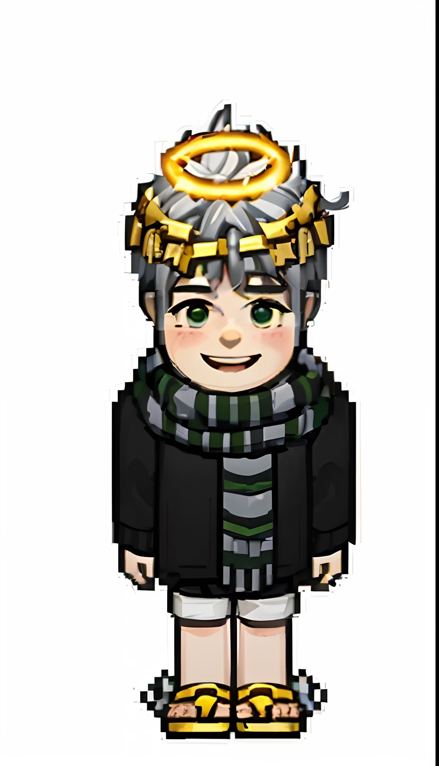 happy young boy with white hair, gold wreath crown, halo on top of hair, grey scarf with green stripes, black sweater, white shorts, hermes winged sandals, reading papers in hand