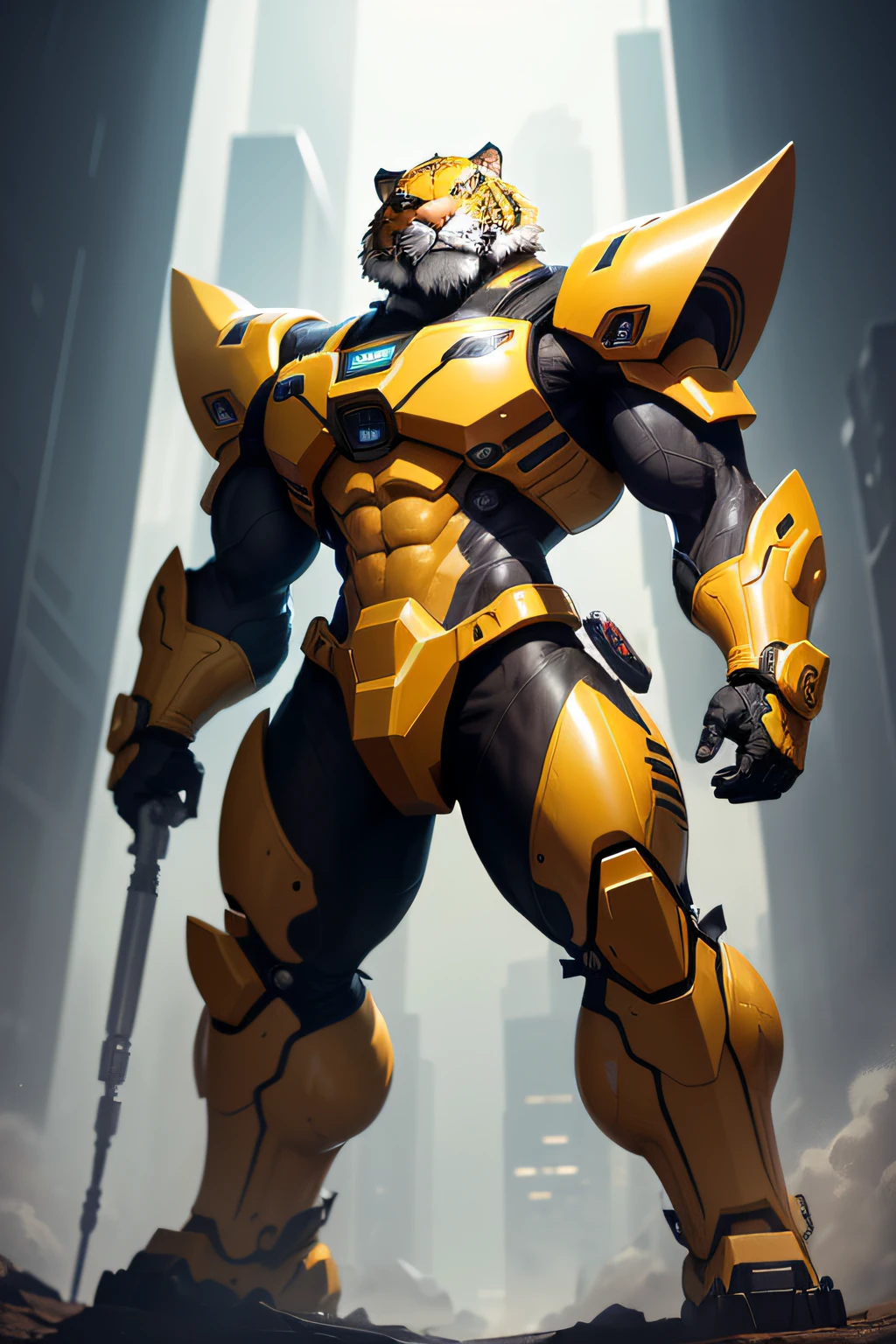 Futuristic sci-fi sense，Back to the Jurassic era，A young tiger，in mecha style，Medium in size，Standing tall。He has a vibrant appearance，The coat is brightly colored，It shines golden yellow in the sun。His eyes were bright and spirited，Reveal a desire to explore and adventure。Berserk Tiger is well-proportioned and flexible，Muscle lines are clearly visible，It shows his strong physique and athletic ability。