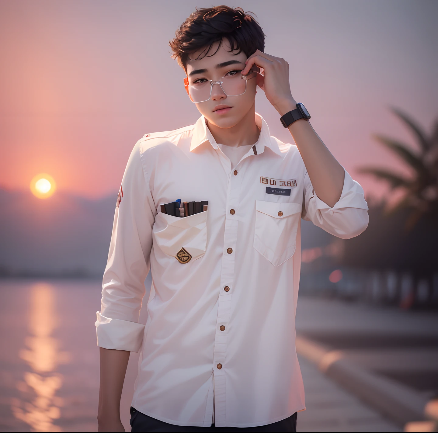 8k, AI, real face like original photo, ultra realistic face, 16 year ager young boy with white shirt, back ground chenge sun set, high details
