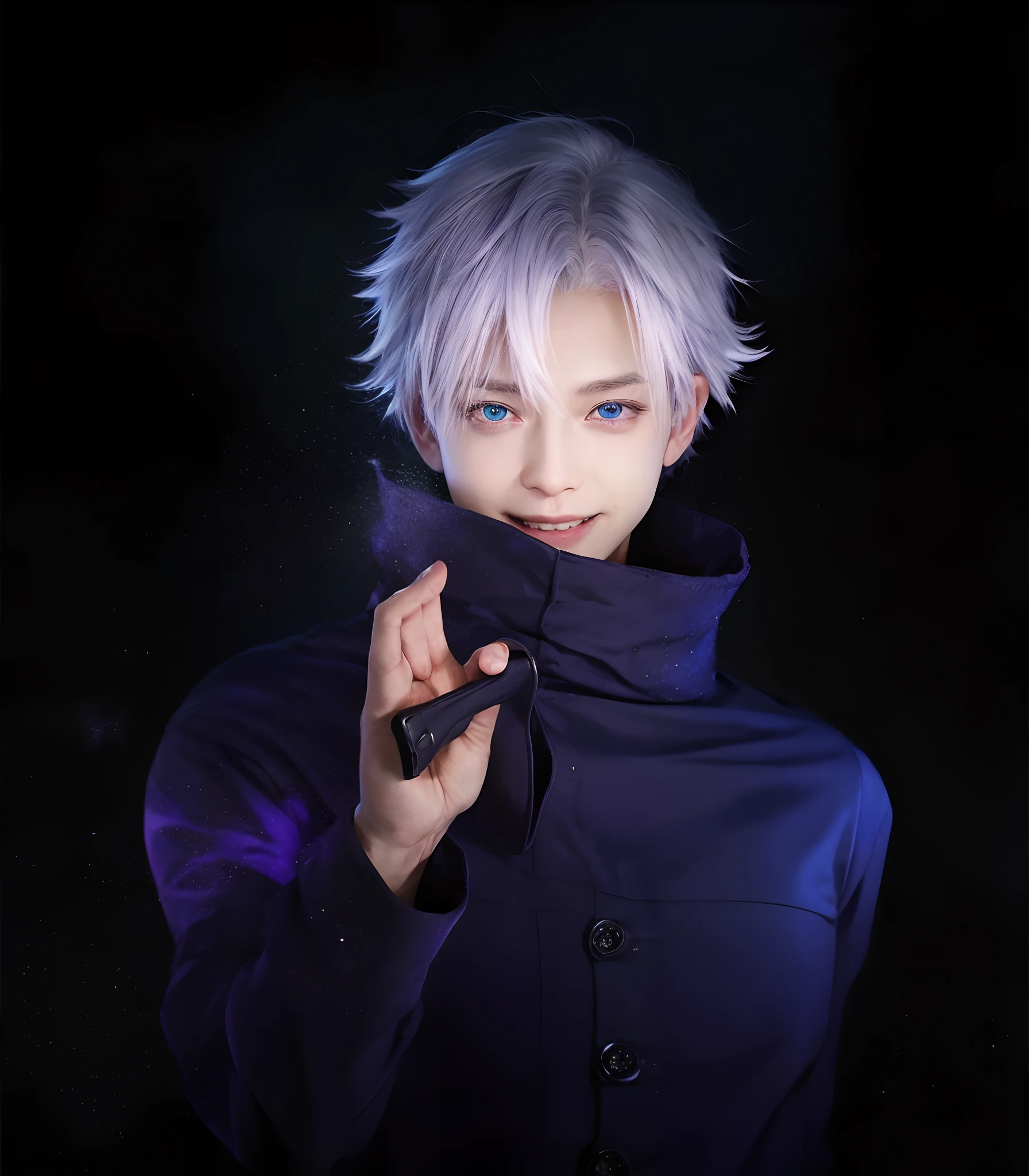 1man, gojo satoru in anime jujutsu kaisen, short hair , white hair, blue ligth eyes, handsome, smile, purple clothes, realistic clothes, detail clothes, city background, ultra detail, realistic