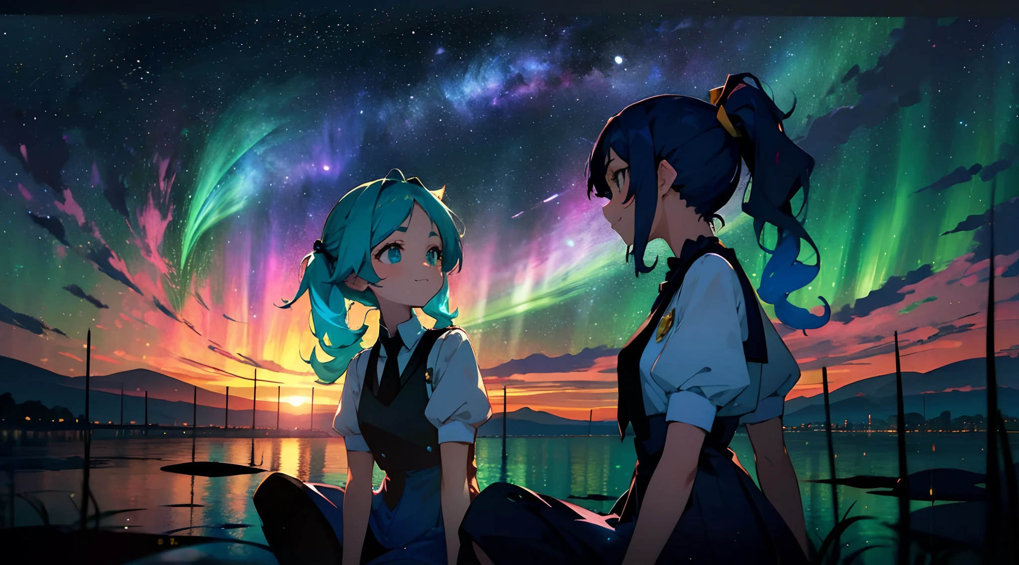 ((colourful, As detailed as possible)), Two Anime Friends, sitting side by side and looking at the camera against the night sky, Two friends, 2 d anime style, flat anime style, in anime style, the anime, anime stylized, glass hair, Glowing Hair, portraite of a, Gemstone uniforms \(The Land of Precious Stones\), Black Uniform, black necktie, white shirt, puffy short sleeves, Shorts, Smile, puffy short sleeves, Puffy armbands, Shirt, short sleeve, sparkle, (The first girl with a high shoulder-length ponytail and a calm face), beatiful face, multi-colored hair, Hair gradient, Hair color from blue to peach, without bangs, curly curl on the cheek, hairstyle: high ponytail, long tail, hair from Tanzanite, peach-colored eyes, :3, Short eyebrows,,,(The second girl with two long green pigtails and a happy face), wide eyes, turquoise hair, Turquoise textured hair, (turquoise two pigtails), Night background, natural light, vivid picture, Additional lighting, outer space, the stars, Multi-colored space, Beautiful sky
