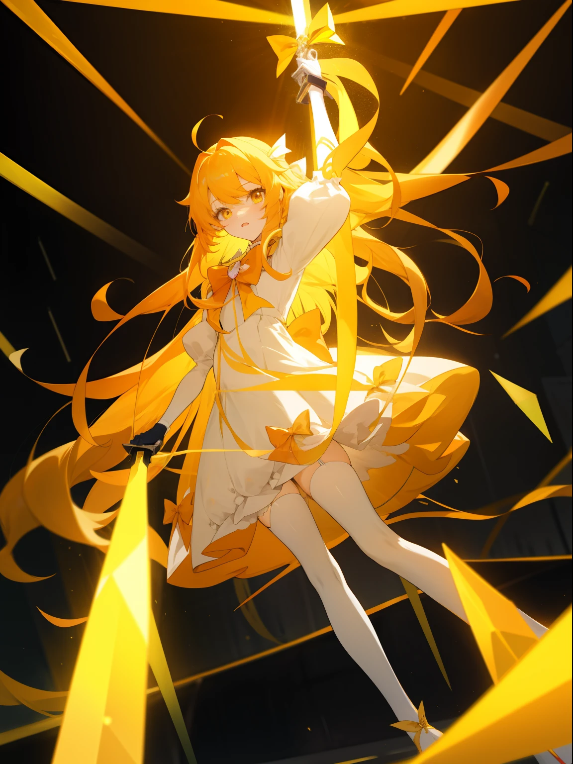 Anime game Chorus of the Prisms - An android girl, long golden hair, bright yellow eyes, a white-orange light dress, white stockings, a large orange bow on her back, walks along one of the blocks of the underground urban complex "Shin Mal", holds a two-handed sword in the form of scissors with a gold ribbon