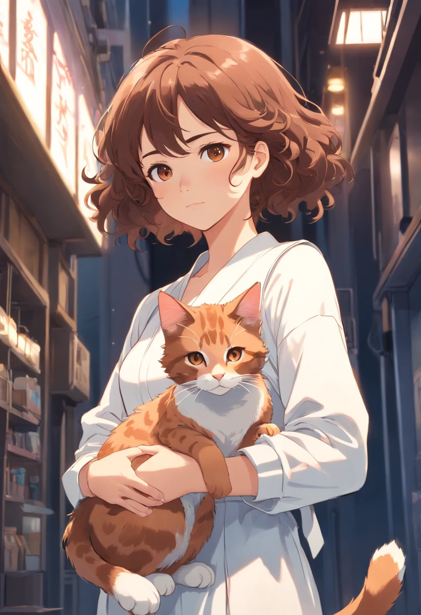 A young woman with curly hair with brown eyes in a white outfit holding a cat in her arms