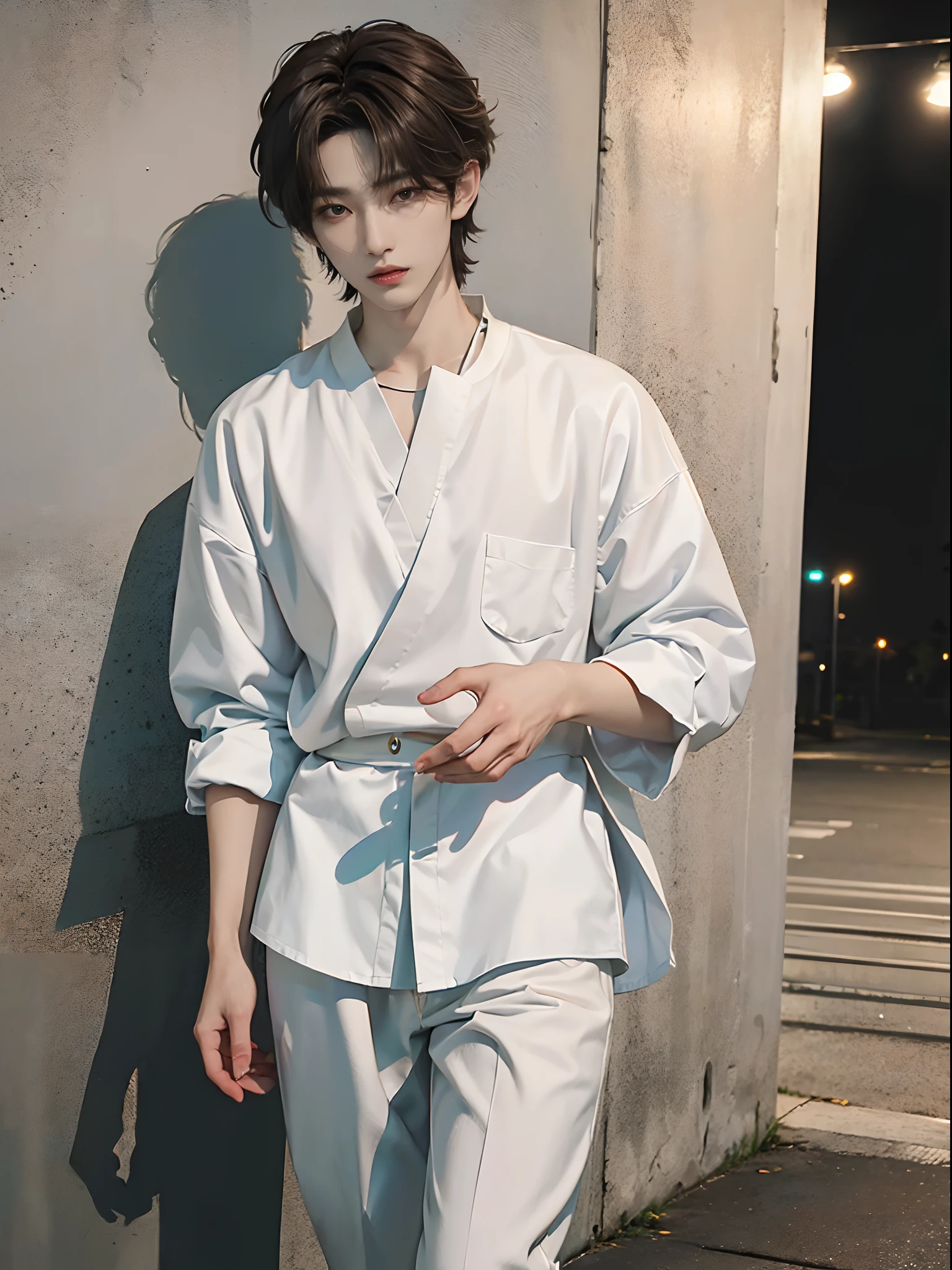 masterpiece、(top-quality)、((high-level image quality))、One Manly Boy、Slim body、((White Y-shirt and long black pants))、(Detailed beautiful eyes)、Walking together on the road at night、Face similar to Chaewon in Le Selefim、((short hair above the ears))、((Smaller face))、((Neutral face))、((Light brown eyes))、((Korean boy))、((18year old))、((Handsome man))、((Wild look))、((Korean Makeup))、((elongated and sharp eyes))、((Walk in front of the viewer))、((Shooting from close range))