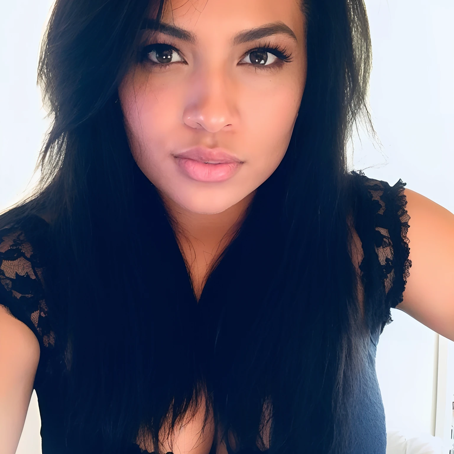 nice round ass amateurism shot on an iPhone A 31-year-old Brazilian woman with long, sleek , straightened black hair fringe fringe is important chique lingerie black in the bedroom laying on bed, silicone tits and round ass and one tattoo sleeve brazilian dark tanned skincolor sunbed tan The face shows a rounded chin with a well-defined jawline, creating a harmonious balance between soft and angular features. The cheekbones are prominent, lending to a sculpted appearance. The individual's nose is straight with a rounded tip, and the profile view shows a gentle nasal bridge curve. front facing to camera looking at camera looking at viewer, skin texture, photo grain, close up, RAW photo
