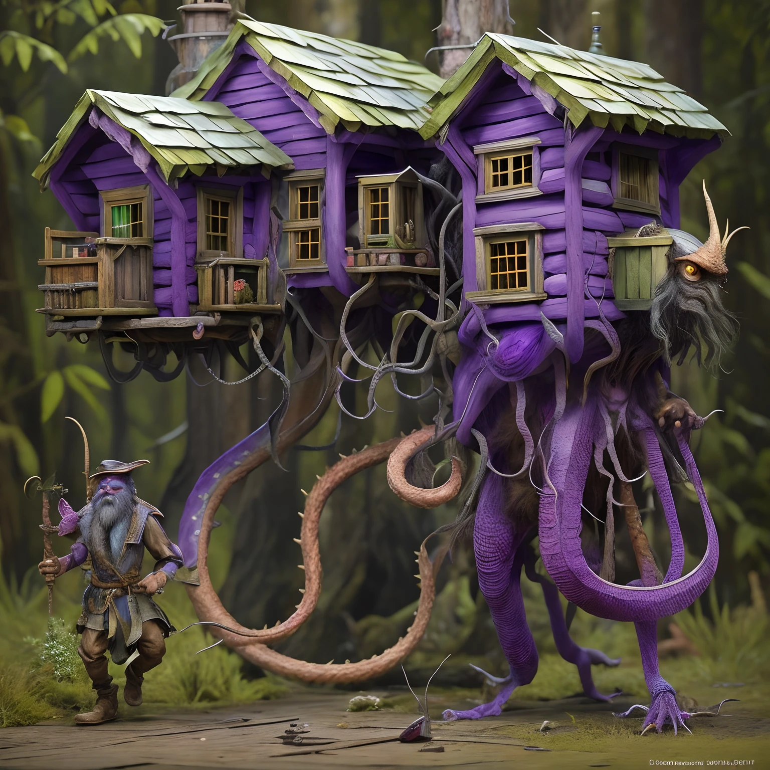Model
RPG
BiopunkAI 2 , A wooden hut with dragon green legs runs through the forest , Dragon legs are visible , A bearded man dressed in a purple magician costume leans out of the window of the hut; , A magic wand is seen in his hand , Front light.