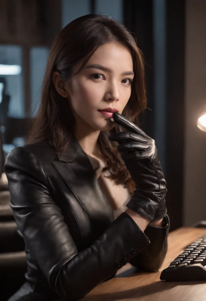 Wearing black leather gloves on both hands, Upper body, Black business suit, Facing the desk in my room with a computer in the dark, Tapping the keys on the computer keyboard with the fingertips of black leather gloves while looking at the screen, Black hair was tied back for a long time, Japan female new employees (Black leather gloves cover both hands) (The angle is in front)