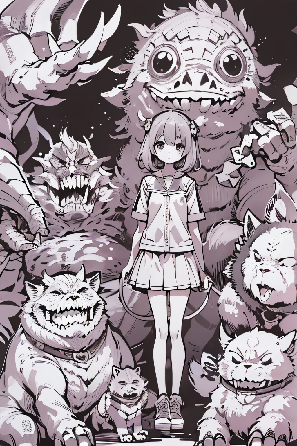 cute anime girl with her large monster protector and friend, holding the monsters hand, black and white line art
