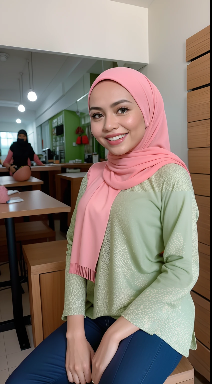 Malay girl in hijab,  wear pastel green Floral Print Flounce Sleeve Square Neck Dress with jeans, pink sneakers, , laughing and posing with both hand on top of her head, touching her own white head, wear backpack, front view, hijab blown, windy, detail skin, age spot, detail skin texture, mole below eyes, small breast, flat chest, wide hips, small waists, thick thighs, slim abs, beautiful body, nighttime, laughing, happy, bright lighting, college student in background, crowded cafe, blur background, bokeh,