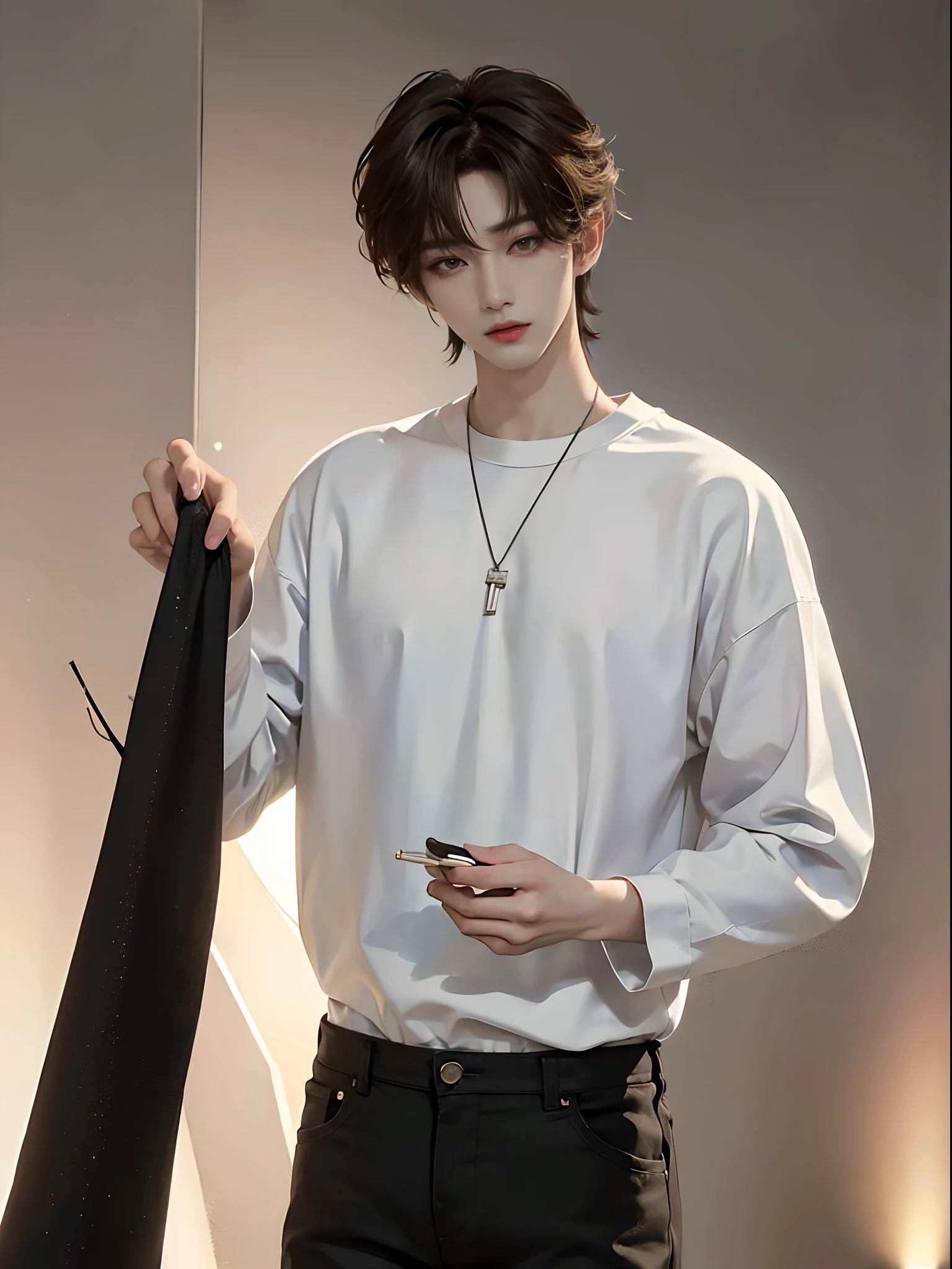 ((highest quality, 8k, masterpiece: 1.3))、cool korean men, 20 year old male、korean style long hair、sturdy face、handsome nose、detailed eyes and face、High resolution、Mouth Details、thin mouth、,smile、whole body: 1.5, perfect body shape: 1.photo of both shoulders:1.3, He is wearing a white T-shirt and a casual black coat.。:1.5, accessories earrings, necklace, mens rings, mens watches),solo,stand up straight,look at the front,breast enhancement,Sleeping,