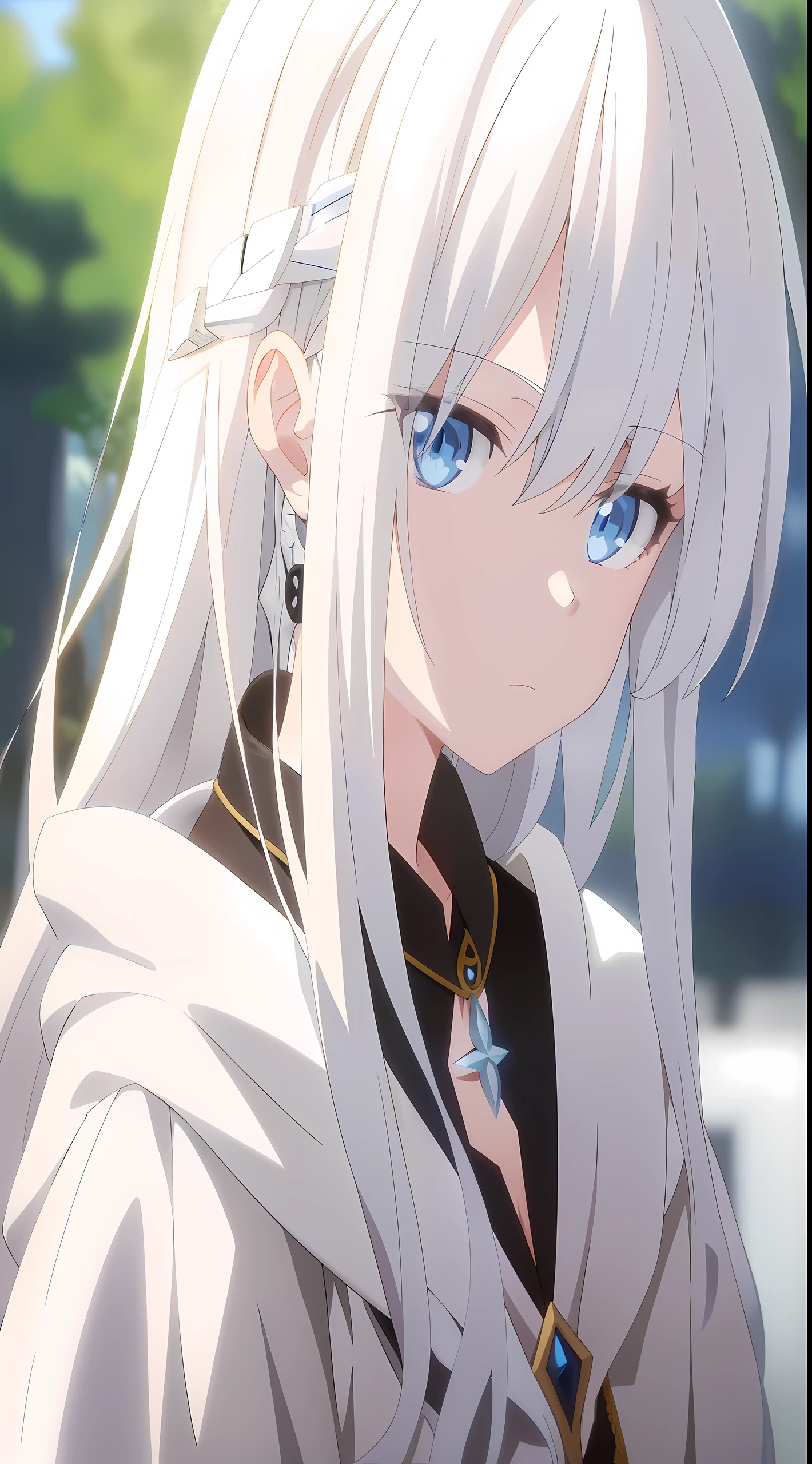 Anime girl standing in front of a tree,Long white hair and blue eyes, White-haired god, white haired Cangcang, Perfect white haired girl, White-haired, Girl with white hair, Today's featured anime stills, white haired lady, still from tv anime, screenshot from the anime film, anime visual of a cute girl, animated still, anime visual of a young woman