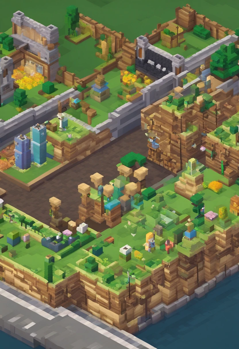 Large fence around town,There are 20 buildings, isometry, 。.3D, Game art,