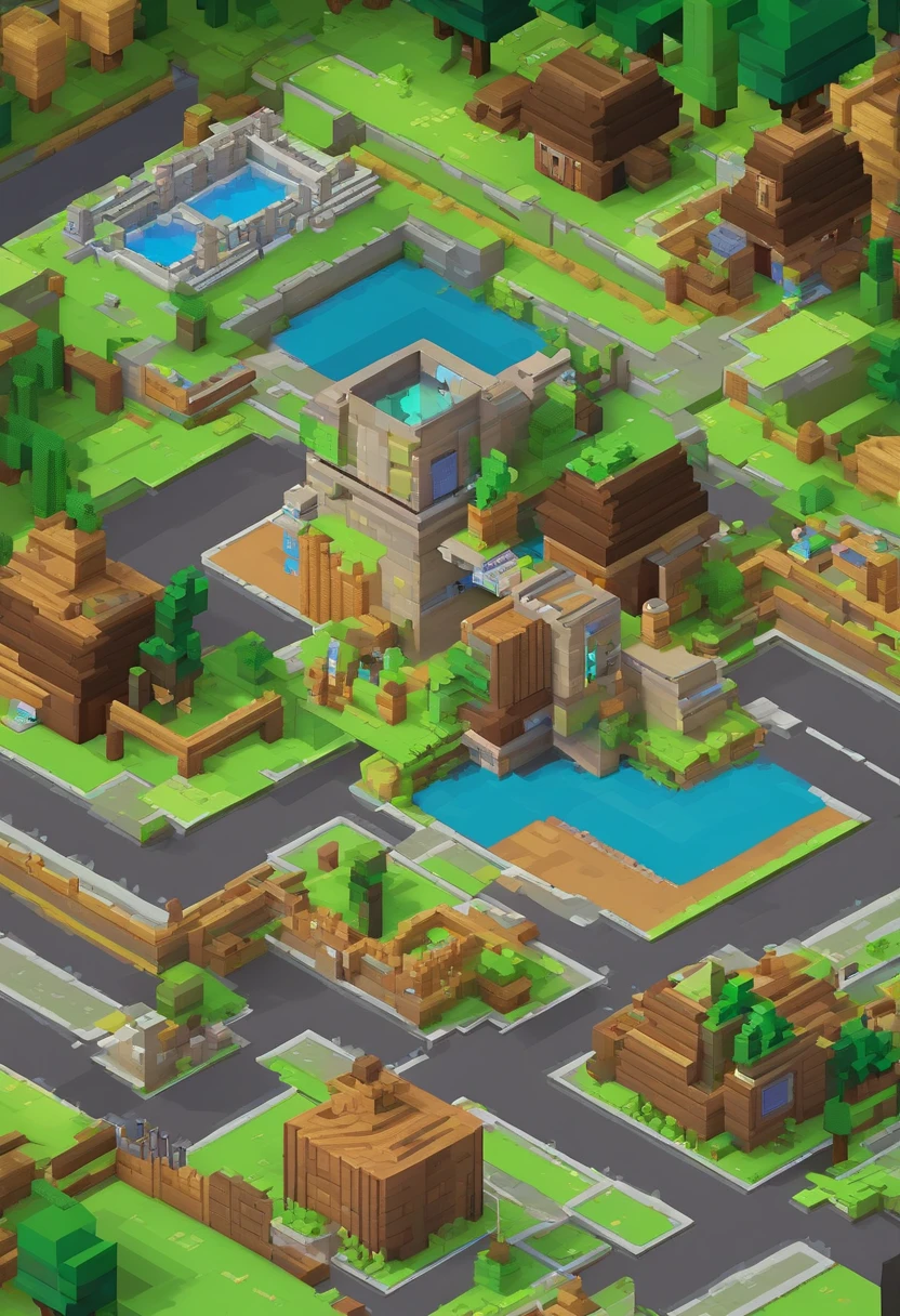 Large fence around town,There are 20 buildings, isometry, 。.3D, Game art,