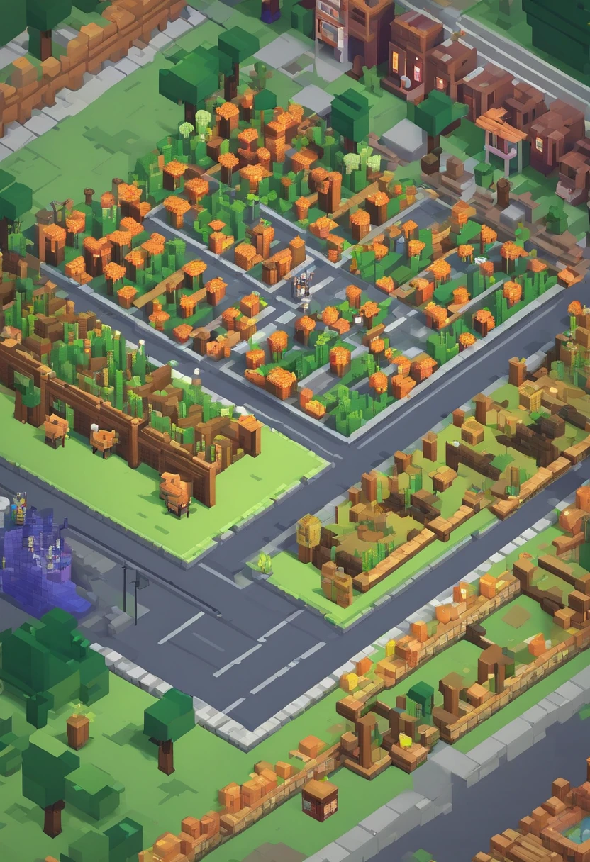 Large fence around town,There are 20 buildings, isometry, 。.3D, Game art,