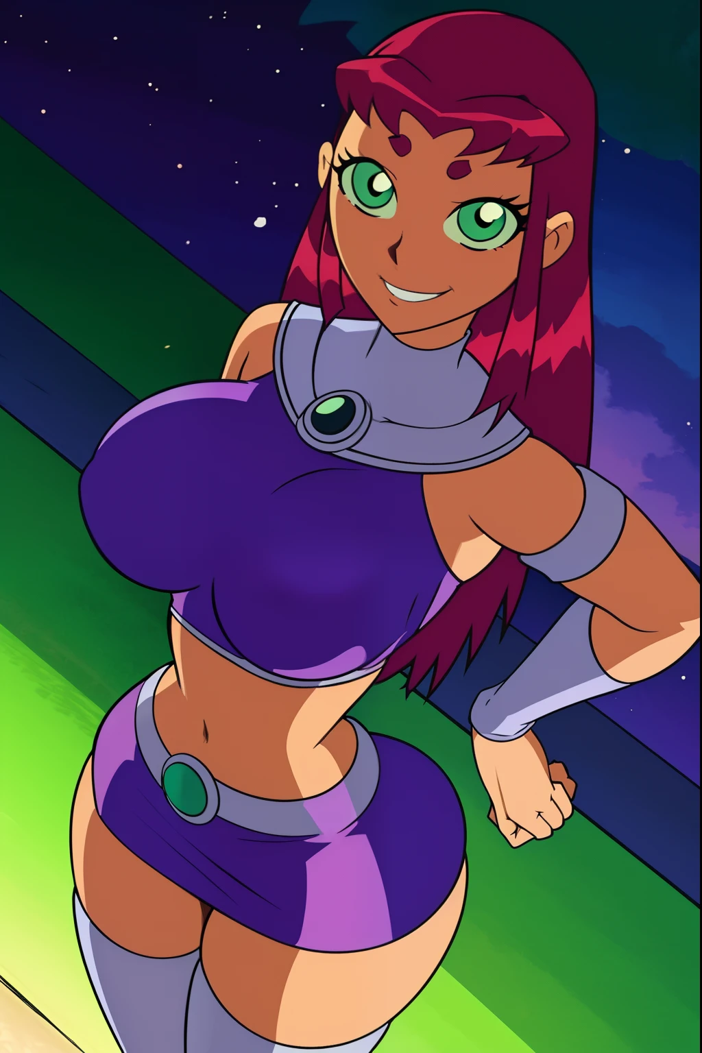 titans, Starfire, anime, masterpiece, 1girl, ((bimbo))), green eyes, beautiful eyes, smile face, long red hair, wide hips, thick thigh, big breast, huge ass, shiny skin, purple skirt, purple top, posing, picture from above,