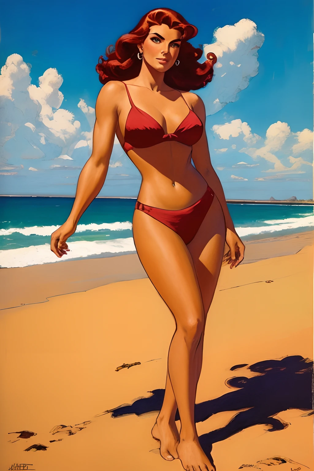 Arte estilo john Buscema, uma bela mulher de cabelos compridos, vermelhos ondulados, olhos verdes claros, corpo delgado, grandes,usando um biquini com uma canga cobrindo da cintura para baixo, sensualidade selvagem,bare foots, pelos vermelhos, Standing walking on the sands of a deserted beach,corpo inteiro, imponente