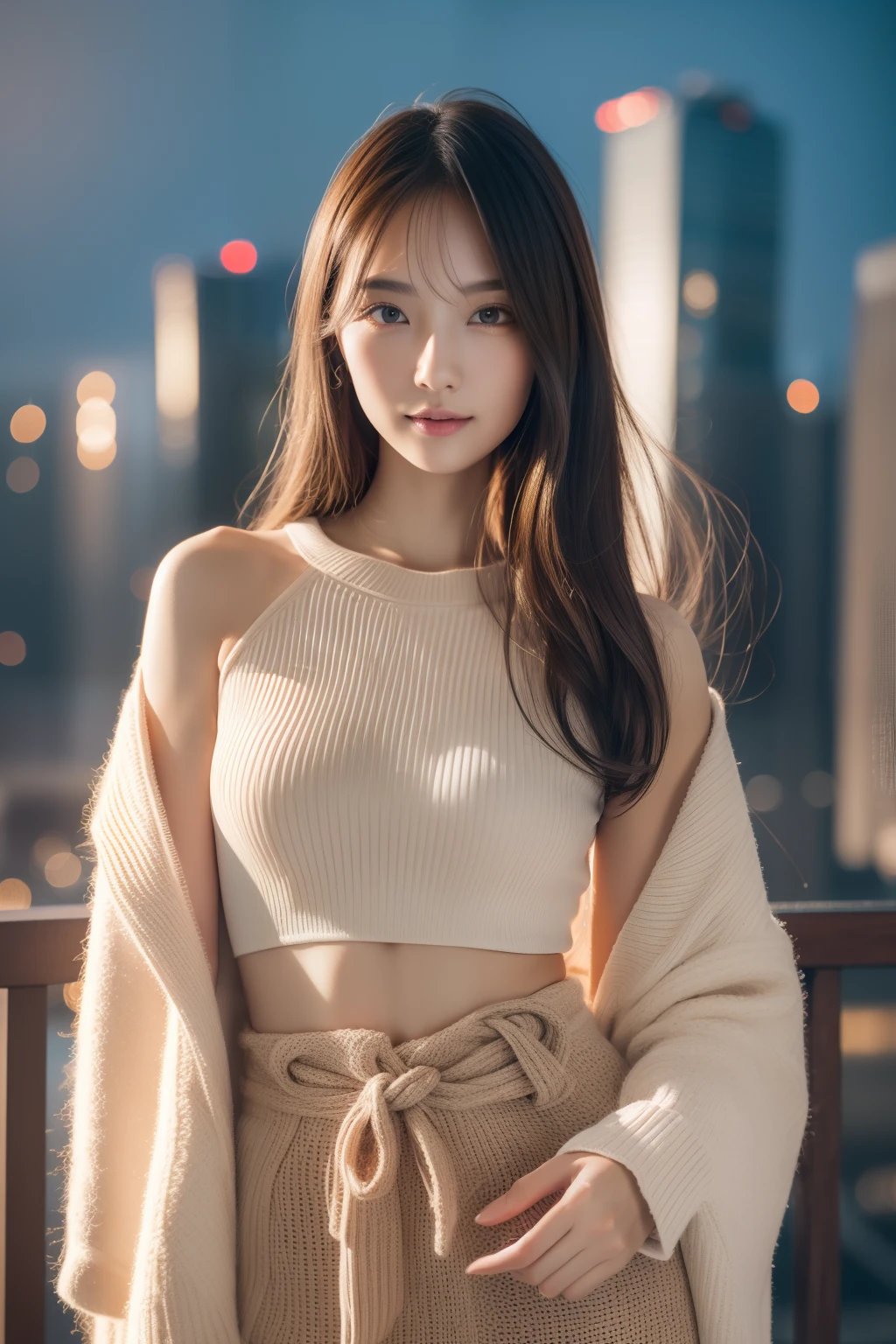 (Transcendent beauty:1.2), modeled, 25-years old, kawaii faces, The best smile, Gravure photos for fashion magazines, ​masterpiece, top-quality, winning artwork, ((hight resolution)), ((the Extremely Detailed CG Unity 8K Wallpapers)), Great skin, (Random Hair Styles), Perfect body line, Slender body, Clothes of prestigious brands, Autumn outfit, Classy and fashionable atmosphere, captivating and enticing, Sexy Girl, Stand against the backdrop of the city skyline, Autumn glow