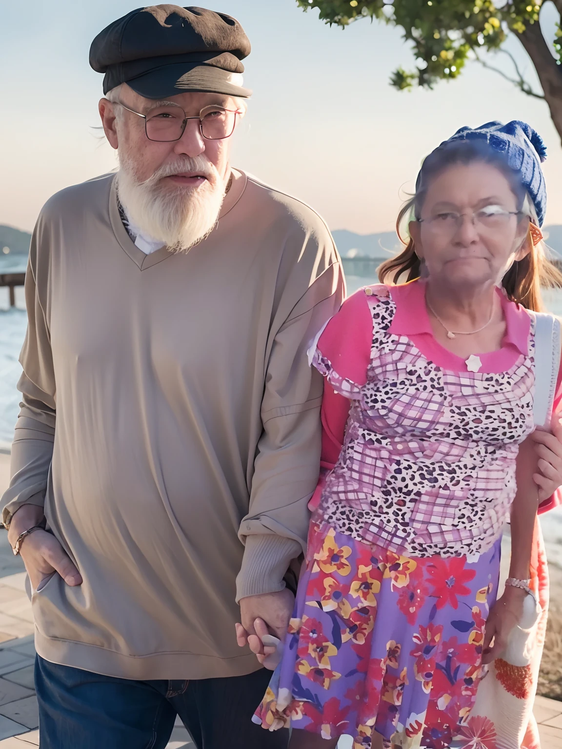 old man with a white beard holding his hand, wearing glasses and a hat