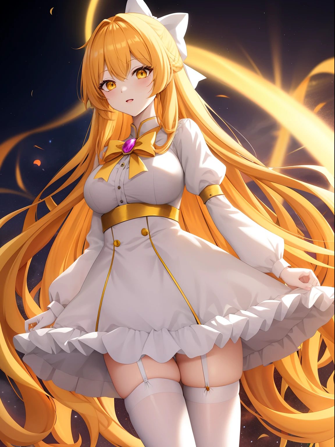 Anime game Chorus of the Prisms - An android girl, long golden hair, bright yellow eyes, a white-orange light dress, white stockings, a large orange bow on her back, walks along one of the blocks of the underground urban complex "Shin Mal", holds a two-handed sword in the form of scissors with a gold ribbon
