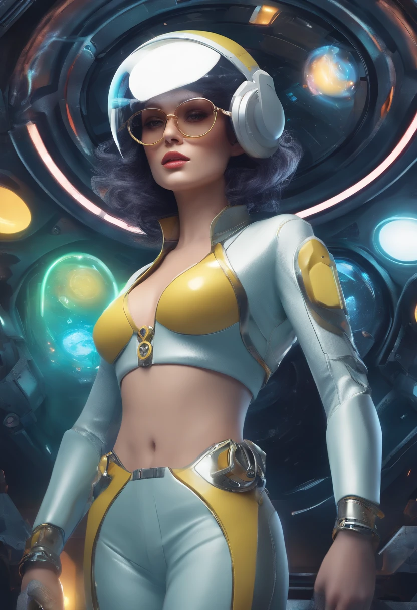 (Full body standing), Full body, Beautiful Face Woman, Iridescent haired witch in glowing spacesuit.Wearing a stylish suit、In space with a computer in hand.90's pixel characters, Gears and clocks in the brain, Futuristic background with many top anime characters running, Cute monster in the shape of a big little robot, Full Body 3D Animation Beautiful Girl Ortrait, {white,Green,yellow} Sunglasses for short hair, Baseball Cap, {Blue,yellow} Background, Pure color, close up of face, Side view, Geometric Graphics, minimalism, Flat illustration,facial close-up