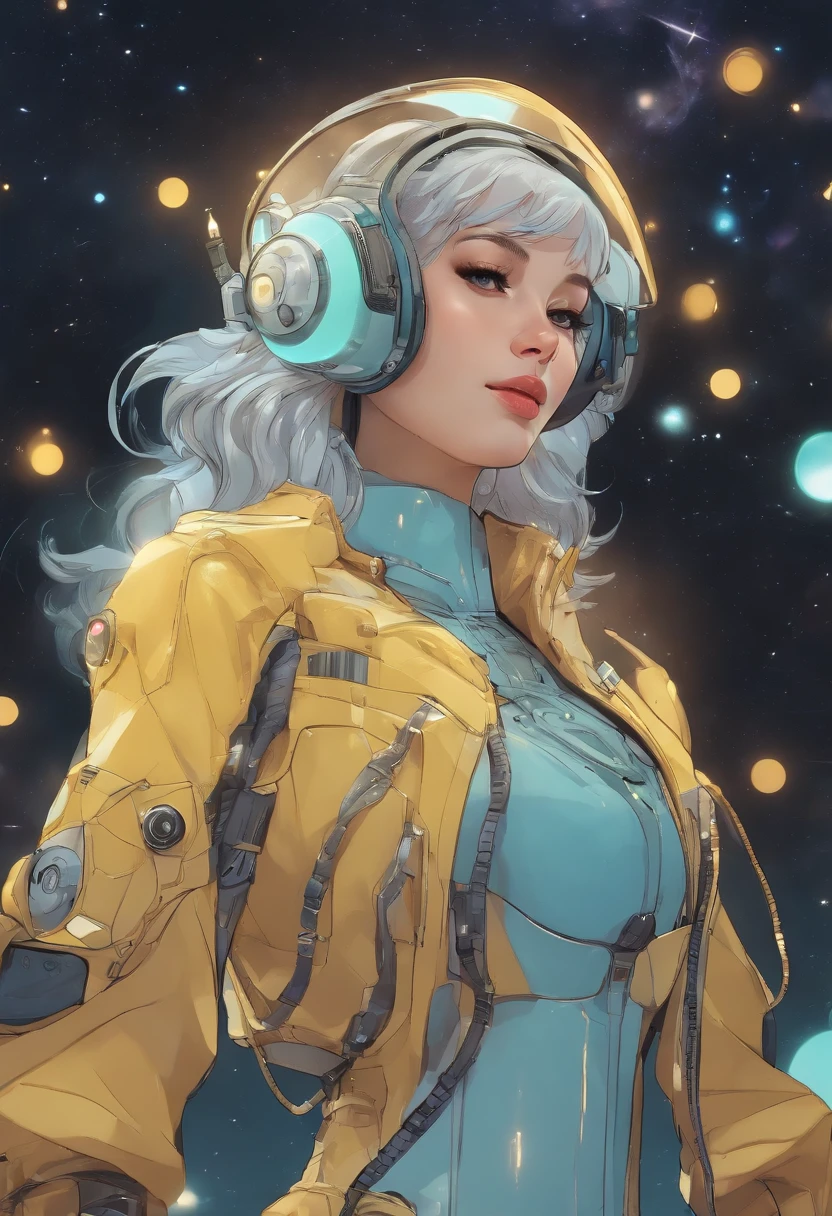 (Full body standing), Full body, Beautiful Face Woman, Iridescent haired witch in glowing spacesuit.Wearing a stylish suit、In space with a computer in hand.90's pixel characters, Gears and clocks in the brain, Futuristic background with many top anime characters running, Cute monster in the shape of a big little robot, Full Body 3D Animation Beautiful Girl Ortrait, {white,Green,yellow} Sunglasses for short hair, Baseball Cap, {Blue,yellow} Background, Pure color, close up of face, Side view, Geometric Graphics, minimalism, Flat illustration,facial close-up