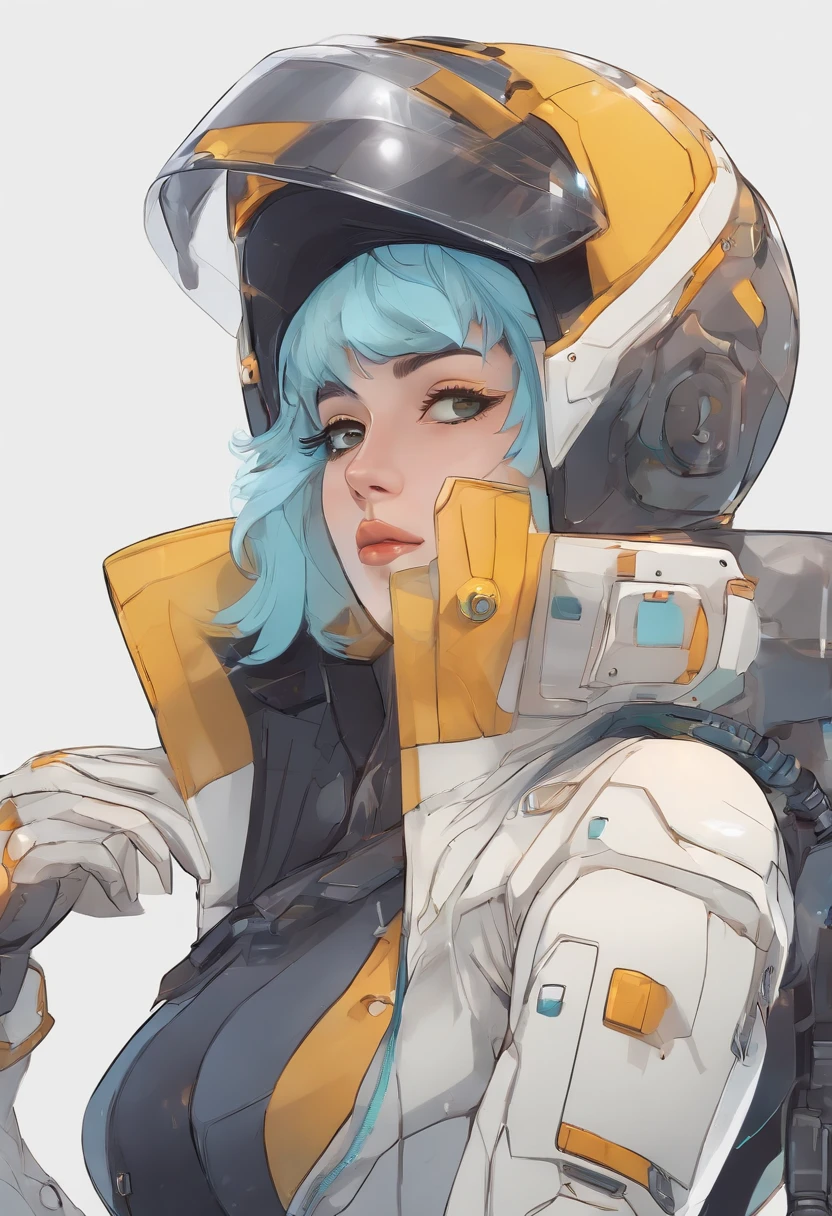 (Full body standing), Full body, Beautiful Face Woman, Iridescent haired witch in glowing spacesuit.Wearing a stylish suit、In space with a computer in hand.90's pixel characters, Gears and clocks in the brain, Futuristic background with many top anime characters running, Cute monster in the shape of a big little robot, Full Body 3D Animation Beautiful Girl Ortrait, {white,Green,yellow} Sunglasses for short hair, Baseball Cap, {Blue,yellow} Background, Pure color, close up of face, Side view, Geometric Graphics, minimalism, Flat illustration,facial close-up