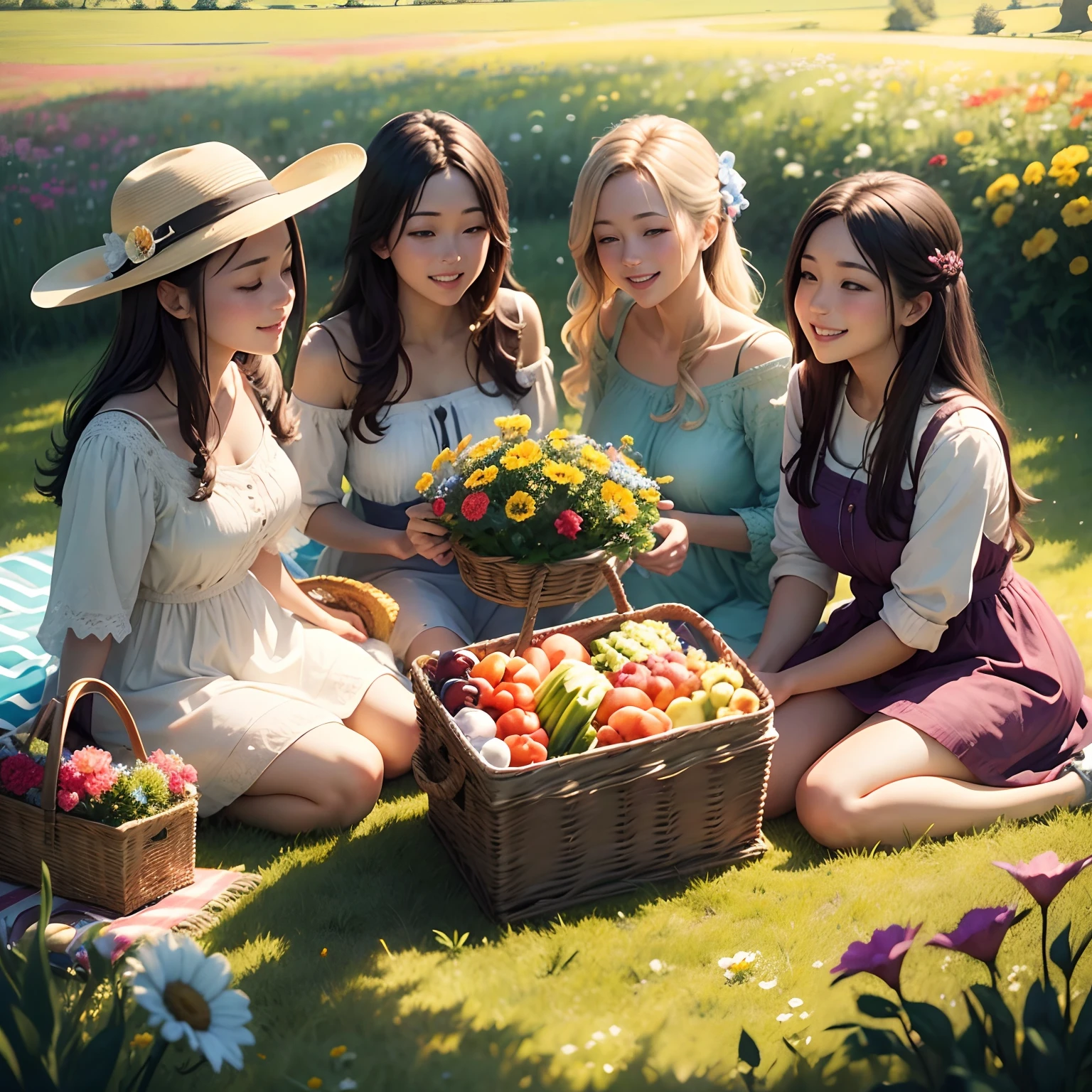 ((masterpiece、Highest quality))、snap shot、picnic、Flower Field、Flower Hair Ornaments、(three cute naked girls、s old、smile、fun)、(((Full nudity、Pussy)))、((The characters are unique))