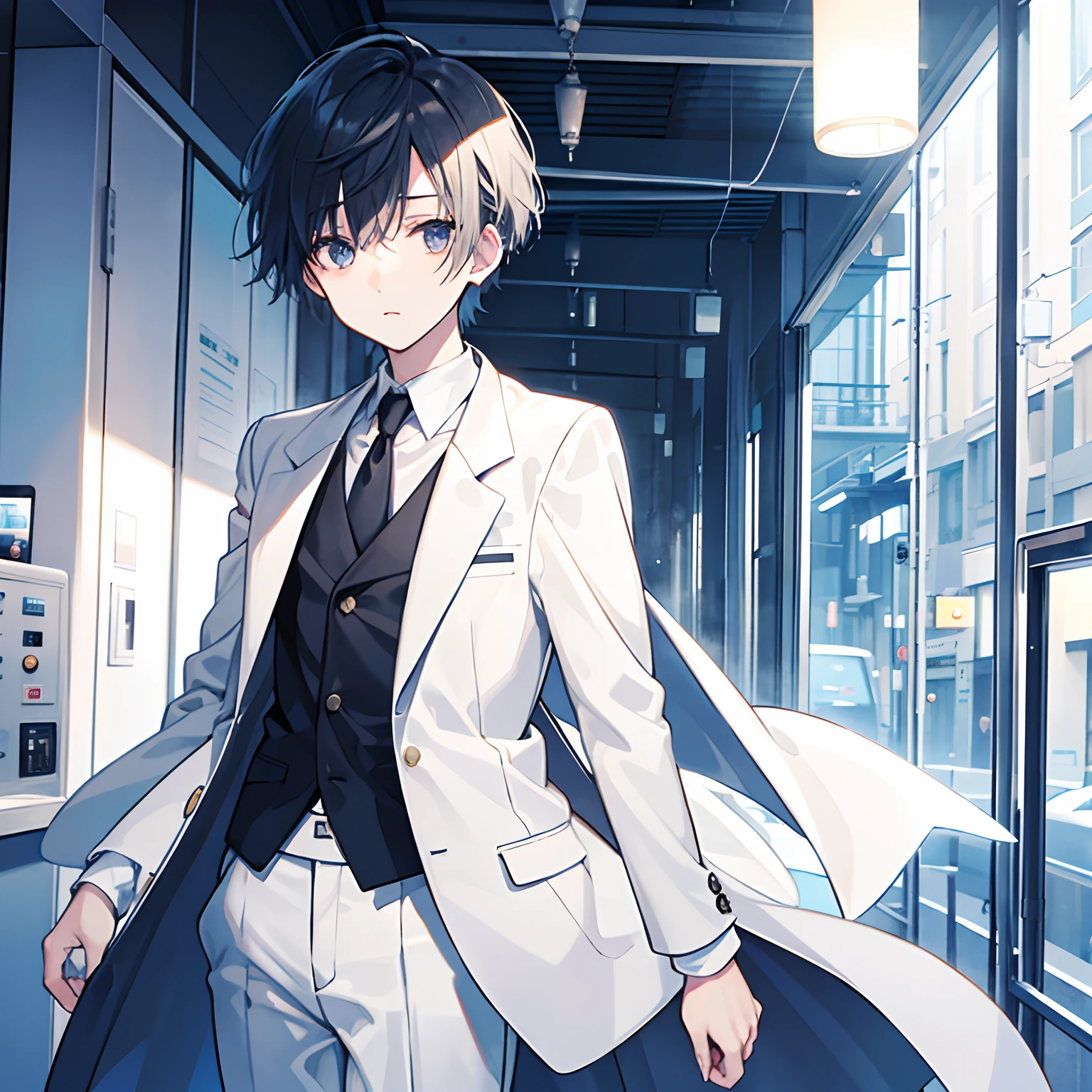 Droopy Man、short head hair、suits、Manteau blanc