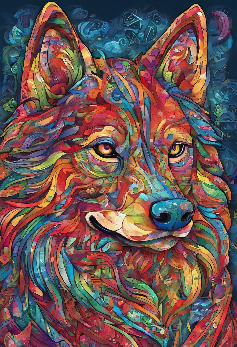 Acuarela abstracta 3D,fondo oscuro,High resolution,Alta calidad,colorido,verde,rojo,azul, pintura de un perro Husky Siberiano blanco. contitulo al pie de lai magen (GRONE) CON LETRA EN GRAFFITI