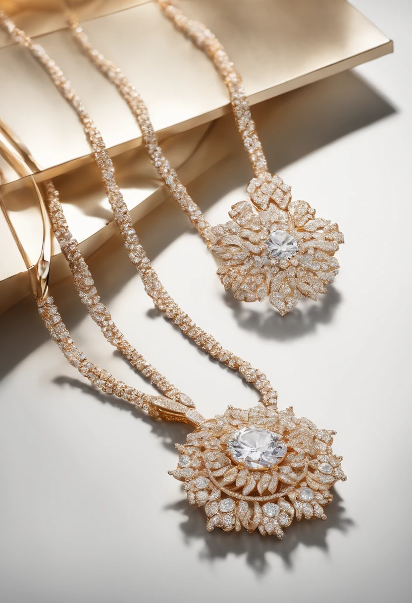 A pair of diamond necklaces on white background, Light brown and gold,