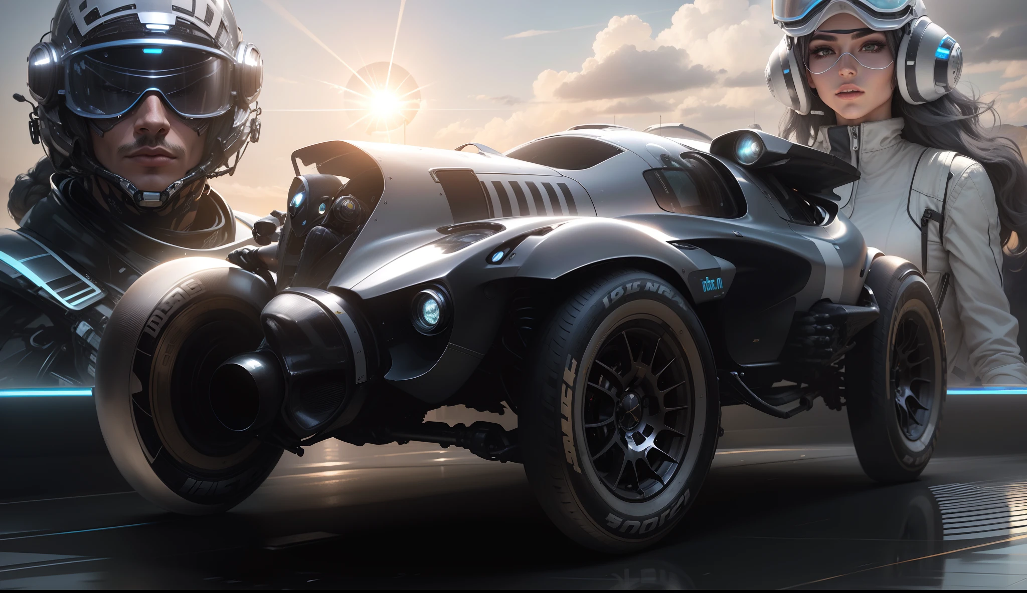 A futuristic metallic gray race car in the foreground, behind a beautiful male driver in racing clothes of the future and next to him a beautiful female driver also in futuristic clothes, Ao fundo, A futuristic city with sun shining reflecting on the futuristic buildings