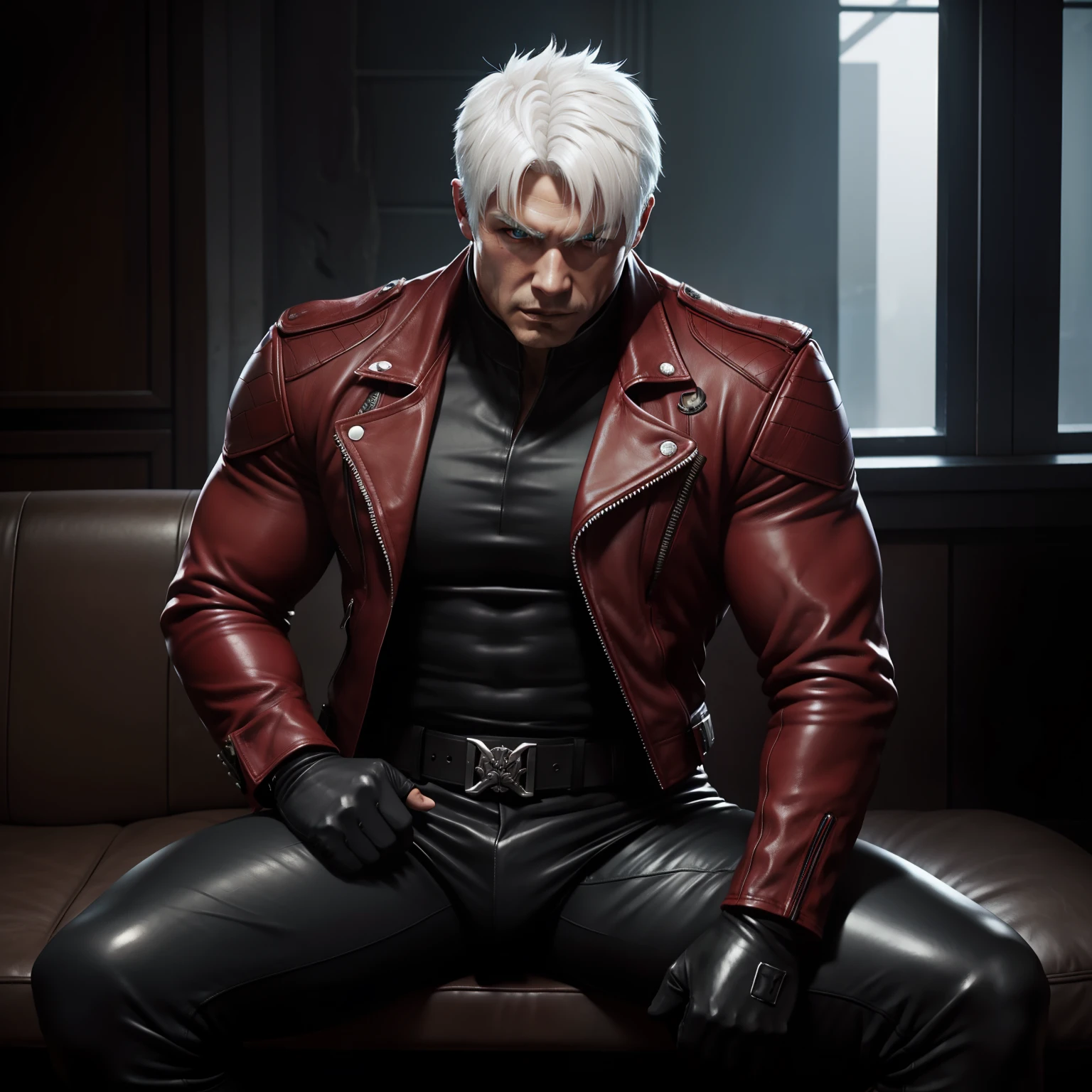 dante devil_may_cry male male_only sakimichan solo white_hair,big muscle,sit down,leather trousers,leather gloves,strong man