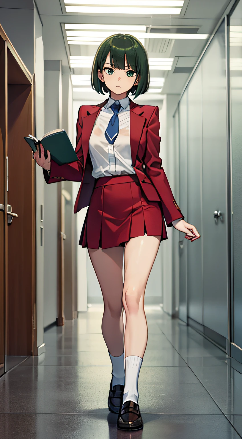 ((masutepiece, of the highest quality)), (Solo), profile, Built and oriented for cameras, profile,uniform, Long white shirt, Blue tie, Red Blazer, Red vest, Beige skirt, Skirt is knee-length,Blue High Socks, Loafer shoes, Teen Girl, small tits , Slender thighs, Soft skin, clean big dark green eyes (High detail eyes), Silky short bob that falls straight to shoulder length, short hair towards the back of the head, Dark green hair, schools, Walking down the hallway, Holding a book with both hands, Looking Up, Overhead configuration, Dissatisfied expressions, Floating Droplets, Lens Flare, Fine Features, Perfect Anatomy, Centered, Perfect distance, Highly detailed, with an intricate, acurate, Highly detailed rich colors, Smooth, Rich colors, acurate, clean, Rich colors, elaborate details, golden ratio illustrations