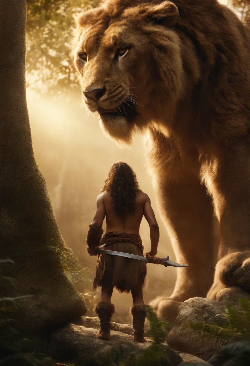 (Best quality, high resolucion, Realstic:1.37), un adolescent de (homme) of the Stone Age, peau mate claire, long, frizzy hair, entrain de battre avec son sagaie contre un tigre a dent de sabre, Ultra detailed, Ancien humain, , Prehistoric scene, Realistic representation of the Stone Age
