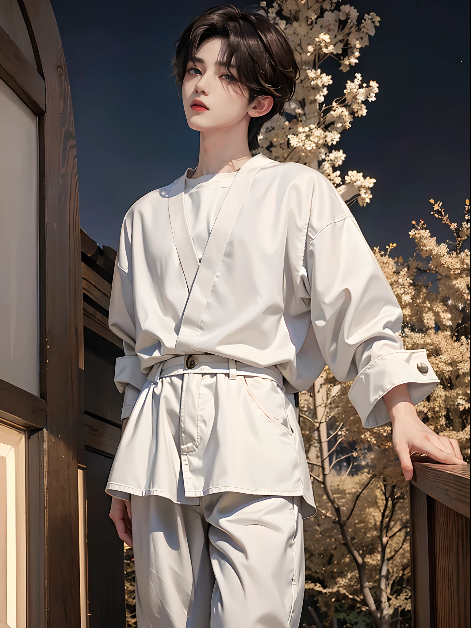 masterpiece、(top-quality)、((high-level image quality))、One Manly Boy、Slim body、((White Y-shirt and long black pants:1.1))、(Detailed beautiful eyes)、Walking together on the road at night、Face similar to Chaewon in Le Selefim、((short hair above the ears))、((Smaller face))、((Neutral face))、((Light brown eyes))、((Korean boy))、((18year old))、((Handsome man))、((Wild look))、((Korean Makeup))、((elongated and sharp eyes))、((Take a selfie))、((Shooting from close range))