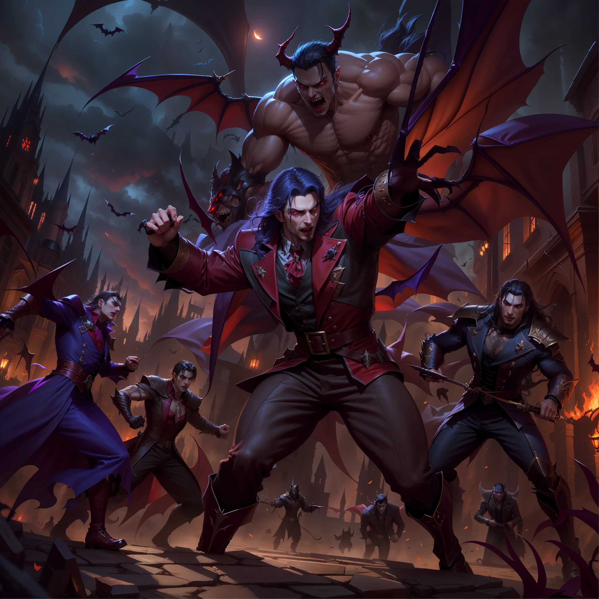 Demon and Dracula fight for a city with bats, Jeff Easley et Ross Tran, William H. pongiluppi, Fantaisie de vampires, Vampire du clan Lasombra, par Arthur Pan, par Yang J, Male vampire, an ominous fantasy illustration, l vampire, Art de style dark fantasy, Castelvanie, Seigneur vampire, comte Dracula, vampire hyper realistic super detailed faces hyper realistic super detailed poses correct Anatomy