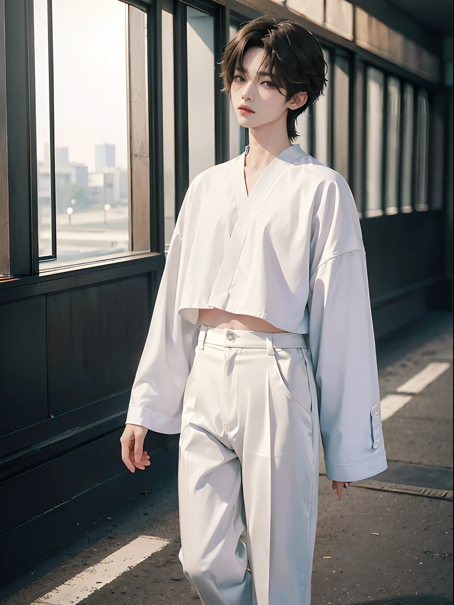 masterpiece、(top-quality)、((high-level image quality))、One Manly Boy、Slim body、((White Y-shirt and long black pants))、(Detailed beautiful eyes)、Walking together on the road at night、((short hair above the ears))、((Smaller face))、((Neutral face))、((Light brown eyes))、((Korean boy))、((18year old))、((Handsome man))、((Wild look))、((Korean Makeup))、((elongated and sharp eyes))、((Walk in front of the viewer))、((Shooting from the side at close range))