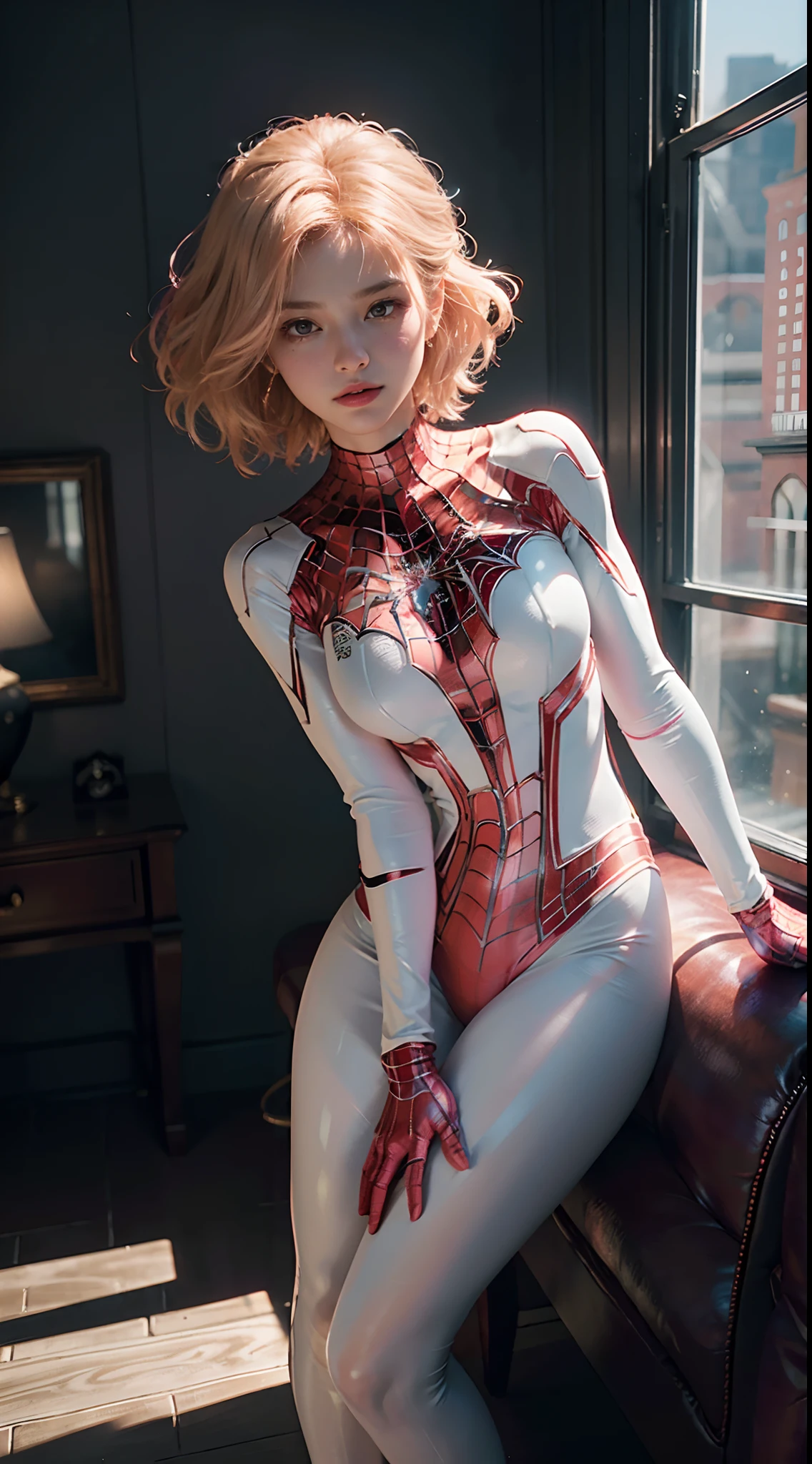 (Unity 8K CG wallpaper in extreme detail,tmasterpiece,The highest image quality),(Delicate light and shadow,The frame is highly dramatic,cinematic lens effect),A girl in a pink with white Spiderman costume ,short hair,full body esbian,Blonde hair color,From the parallel universe of Spider-Man,Gwyn,marvel,Spidey,Kneel on the sofa,dynamics),(Exceptional detail,Lighting effect is excellent,Wide-angle view) ,(Excellent rendering,Enough to stand out from the crowd),The focus is on Spider-Man's white costume,Pink spider's complex texture,in a panoramic view,Bedroom。