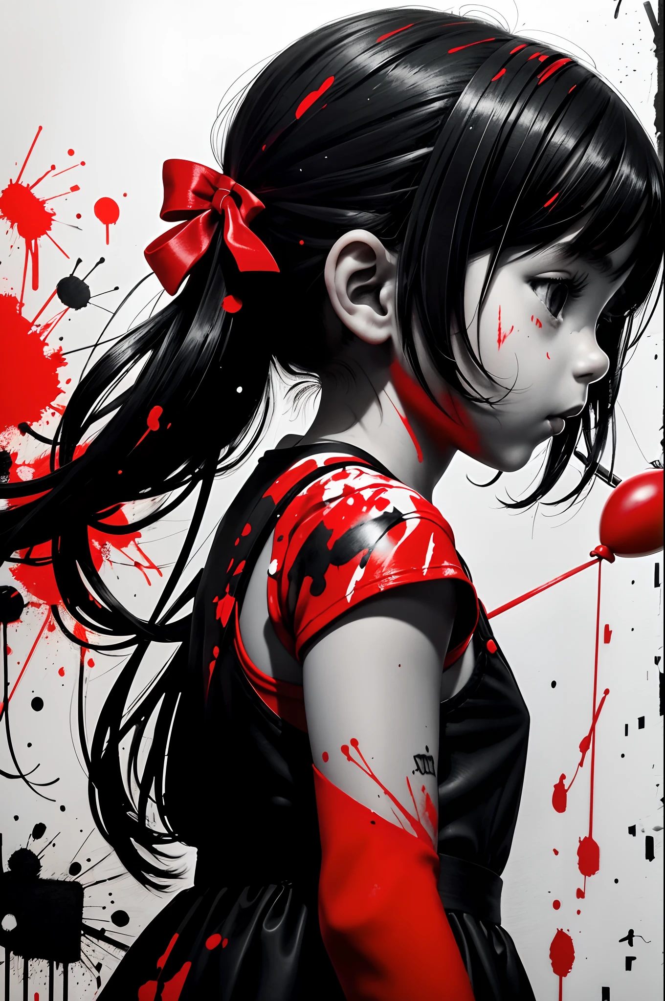 a black and white painting of a little girl red dress, side view, giving a red balloon to an adult army soldier holding a rifle, with red paint splatters, , with a black and white background, Carne Griffiths, incredible art, graffiti art, modern european ink painting