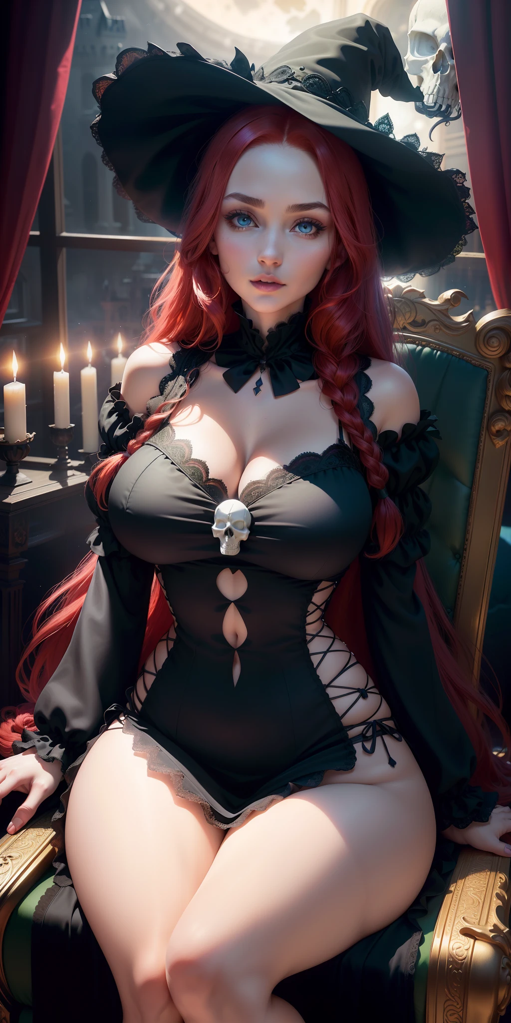 big breasts ((witch)) ((red hair)), ((Built-in braid)), (((((perfect eyes)))), ((light effect on eyes)) ((extremely sexy body)) , green witch hat, stylish sexy witch dress with puff sleeves, ((sexy open lace details on big breasts, see-through details on dress)), ((Ultra Quality, Cinema lighting, Full HD, ultra realistic)), Perfect lips, beautiful parted lips, cute expression, sitting on a throne skull decoration on the throne, castle party room, sexy superiority pose, Night, full moon through the window, Halloween, gloomy, ((perfect body))