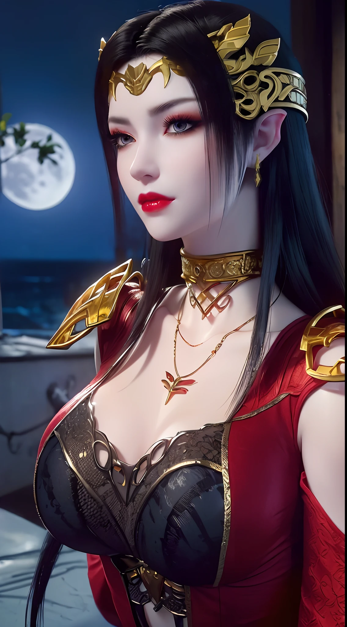 1 extremely beautiful queen, ((wears a red traditional Han costume with thin black patterns:1.6)), (((Patterns on clothes:1.6))), ((long black hair:1.6)), jewelry elaborately made from precious stones and beautiful hair, ((wearing a 24k gold lace necklace:1.4))), ((thin red veil:1.8)), the noble, noble style of an extremely beautiful girl, her small face is super cute, her face is very pretty, thin eyebrows, flawless beautiful face, ((black eye pupils: 0.8)), very beautiful eyes, ((platinum blue eyes: 1.6)), (((big round eyes:1.6))), nice makeup and hair detailed eyelashes, steamy eye makeup, high nose, earrings, red lips, ((closed mouth: 1.5)) beautiful lips, slim hands, most beautiful thighs, ((arms spread out to the sides: 1.5)), rosy face, clean face, flawless beautiful face, smooth white skin, (big breasts: 1.5)), ((high breasts: 1.6)), tight breasts, beautiful cleavage, (((big breasts and super round: 1.8))), ((super tight breasts: 1.7)) , beautiful breasts, perfect body, back arms, chest out, thin black mesh stockings with black lace trim, 8k photo, super high quality, super realistic, super 10x pixels, optical, bright studio, bright edges, dual-tone lighting, (high-detail skin:1.2), super 8k, soft lighting, high quality, volumetric lighting, photorealistic, photorealistic high resolution, lighting, best photo, 4k, 8k quality, blur effect, smooth sharp, 10 x pixel, ((sea and moonlight at night background:1.5)), aurora, lightning, super graphics realistic, most realistic graphics, 1 girl, alone, solo, Extremely sharp image, surreal, (((frontal portrait: 1)))."