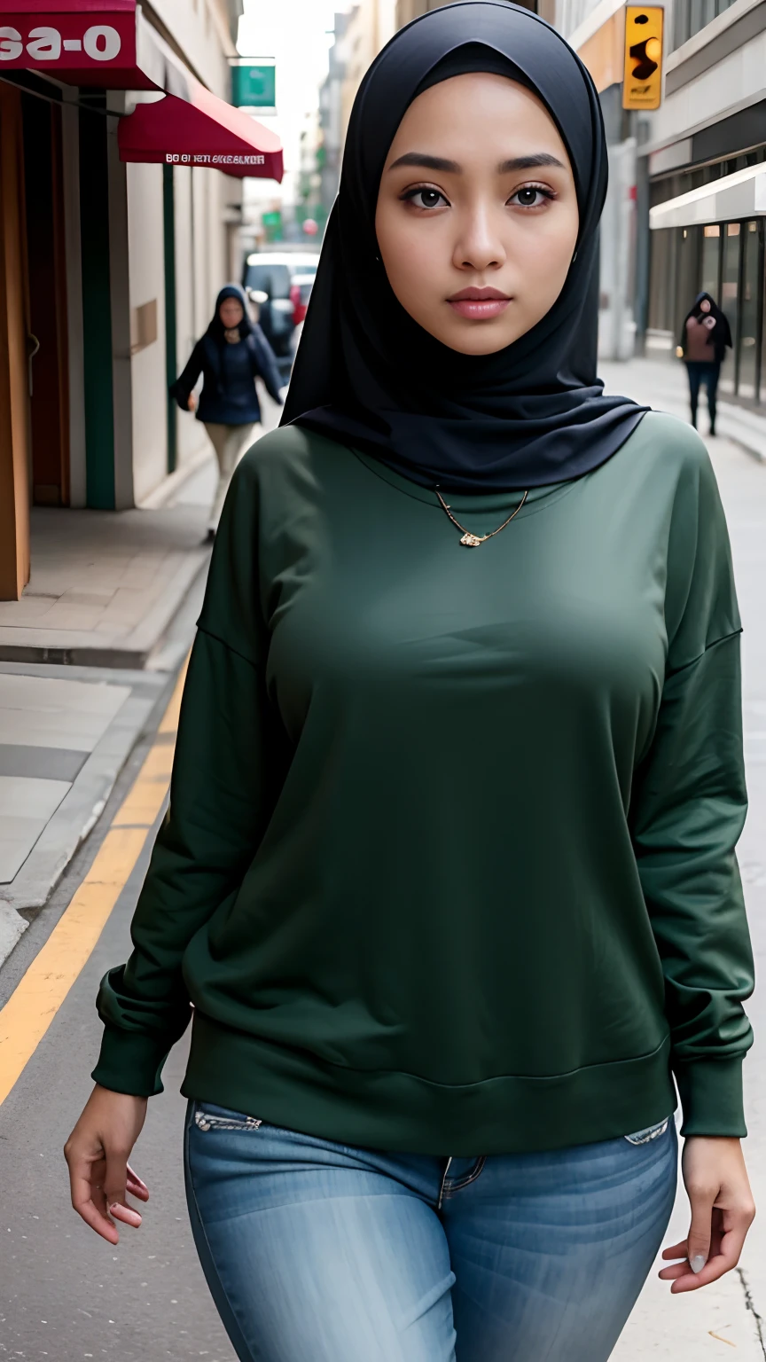 (Best quality, high resolution, masterpiece: 1.3), a beautiful malay woman in hijab, big breasts, slim figure, sweatshirt, beautifully presented details in the street and facial and skin texture, detailed eyes, double eyelids, big eyeschest visible, shirt open