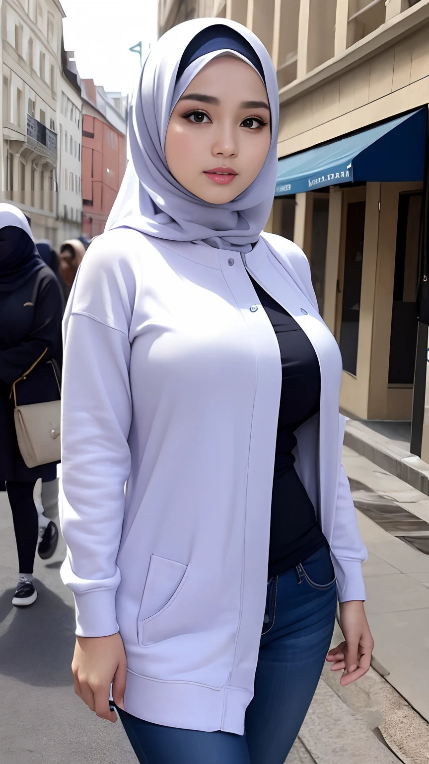 (Best quality, high resolution, masterpiece: 1.3), a beautiful malay woman in hijab, big breasts, slim figure, sweatshirt, beautifully presented details in the street and facial and skin texture, detailed eyes, double eyelids, big eyeschest visible, shirt open