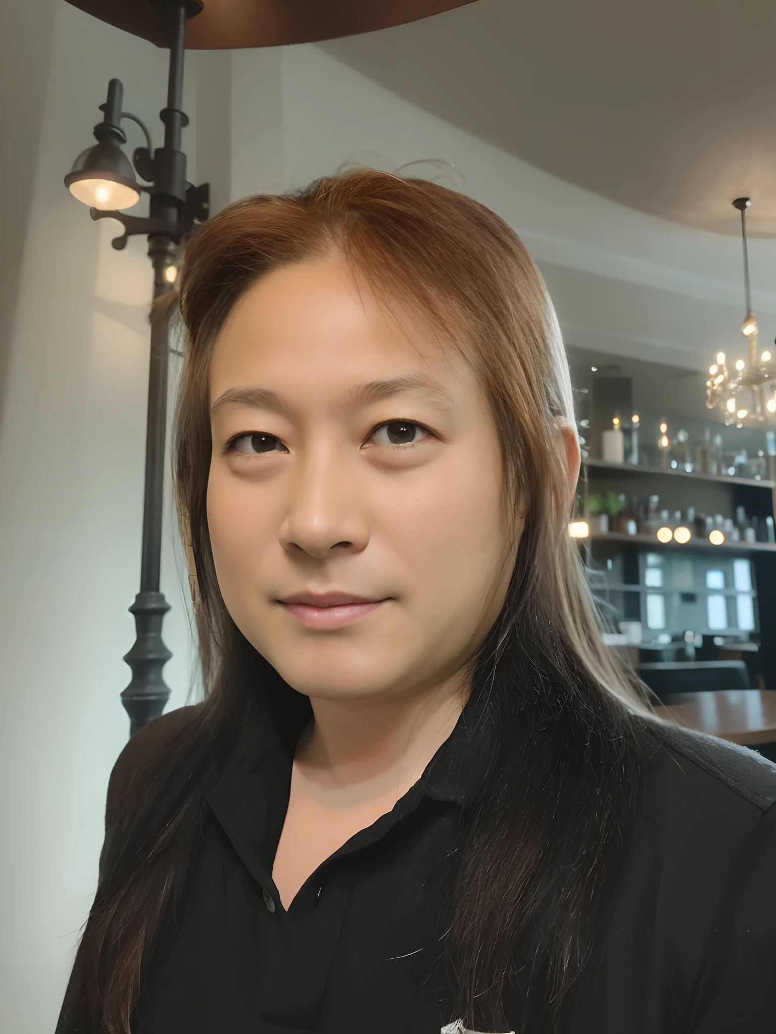 It's in a café,Props to a minimum,There are 2 lights, but avoid them on the head side.Slightly dark atmosphere,Model,Hair naturally,