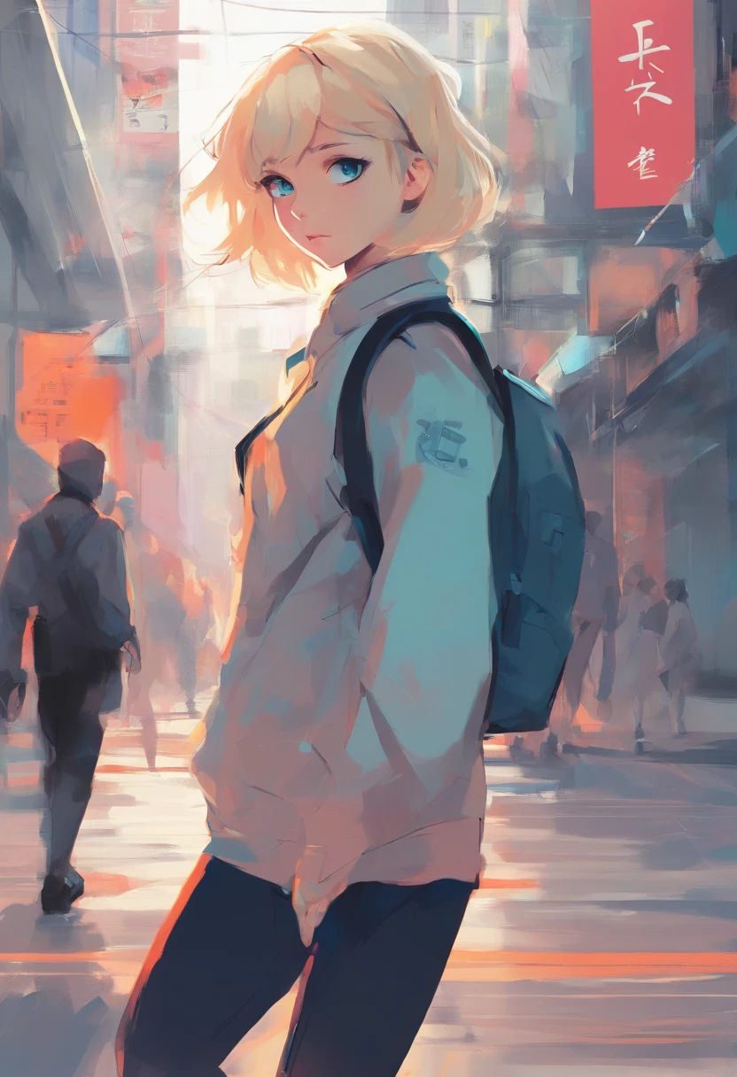 1 girl , solo, blonde hair, blue aqua eyes, wearing a japanese school clothes, walking to school, cloudy, windy, inspired by wlop, Ilya Kuvshinov, digital illustration, professional digital artist, Sharp focus, ultra hd, highres, extreme detail, 4k, vibrant, trending in artsation