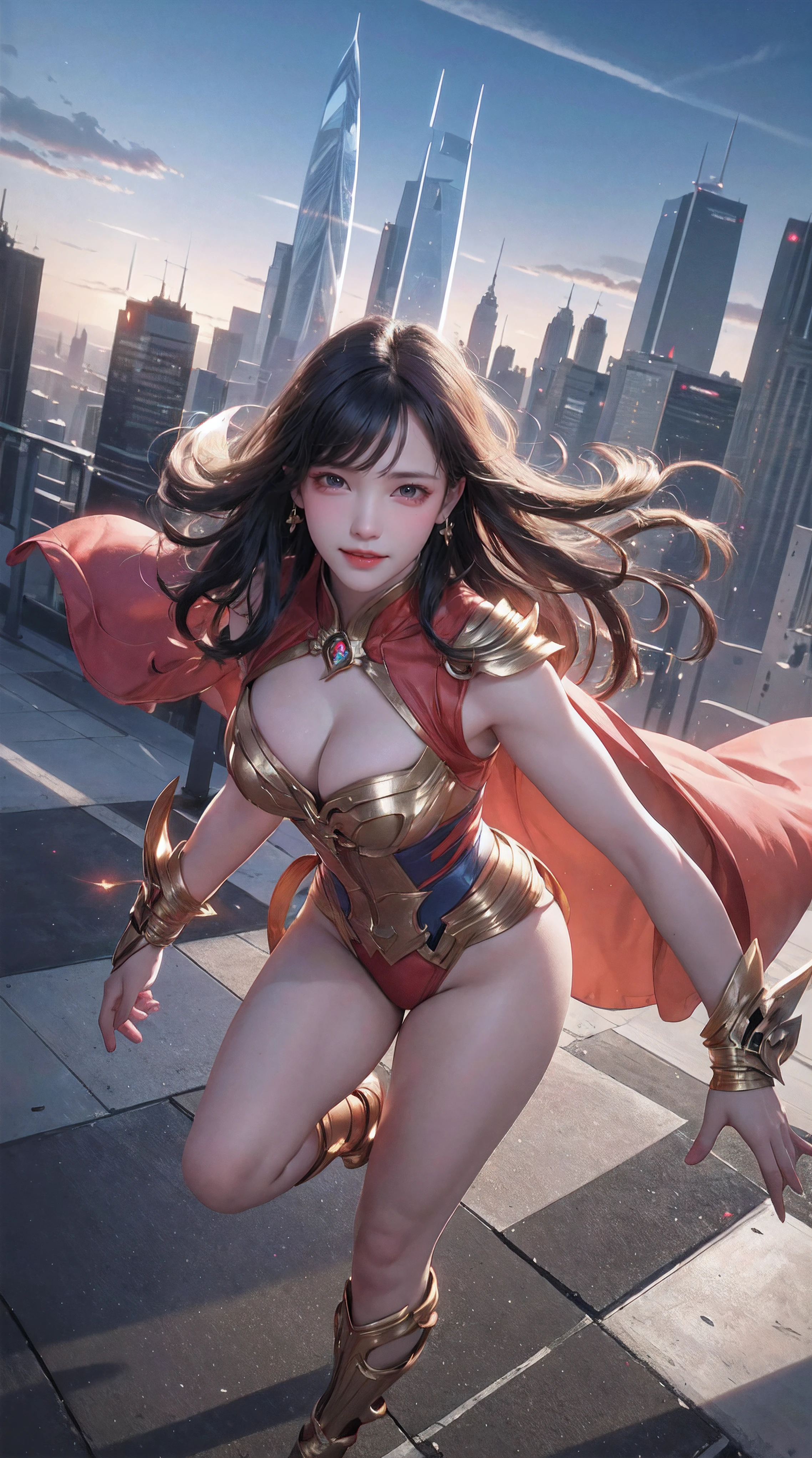 (best quality,4k,8k,highres,masterpiece:1.2),ultra-detailed,(realistic,photorealistic,photo-realistic:1.37),1girl,superheroine,flying,super strength,brave stance,shining eyes,long flowing hair,muscular physique,colorful costume,red cape,powerful punch and kick,destroying evil,protecting the city,blue sky and clouds,bright sunlight,strong shadows,cityscape,skyscrapers,sparkling city lights,flying debris,action-packed,energy beams,explosions,vivid colors,dynamic composition